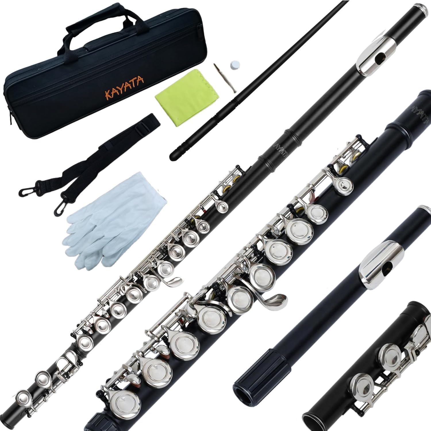 C Flute with Closed Hole 16 Keys, Suitable for Student and Beginner, Including Cleaning cloth, Carrying Case, Gloves and Tuning Rod. Nickel Plated Flute (Black)