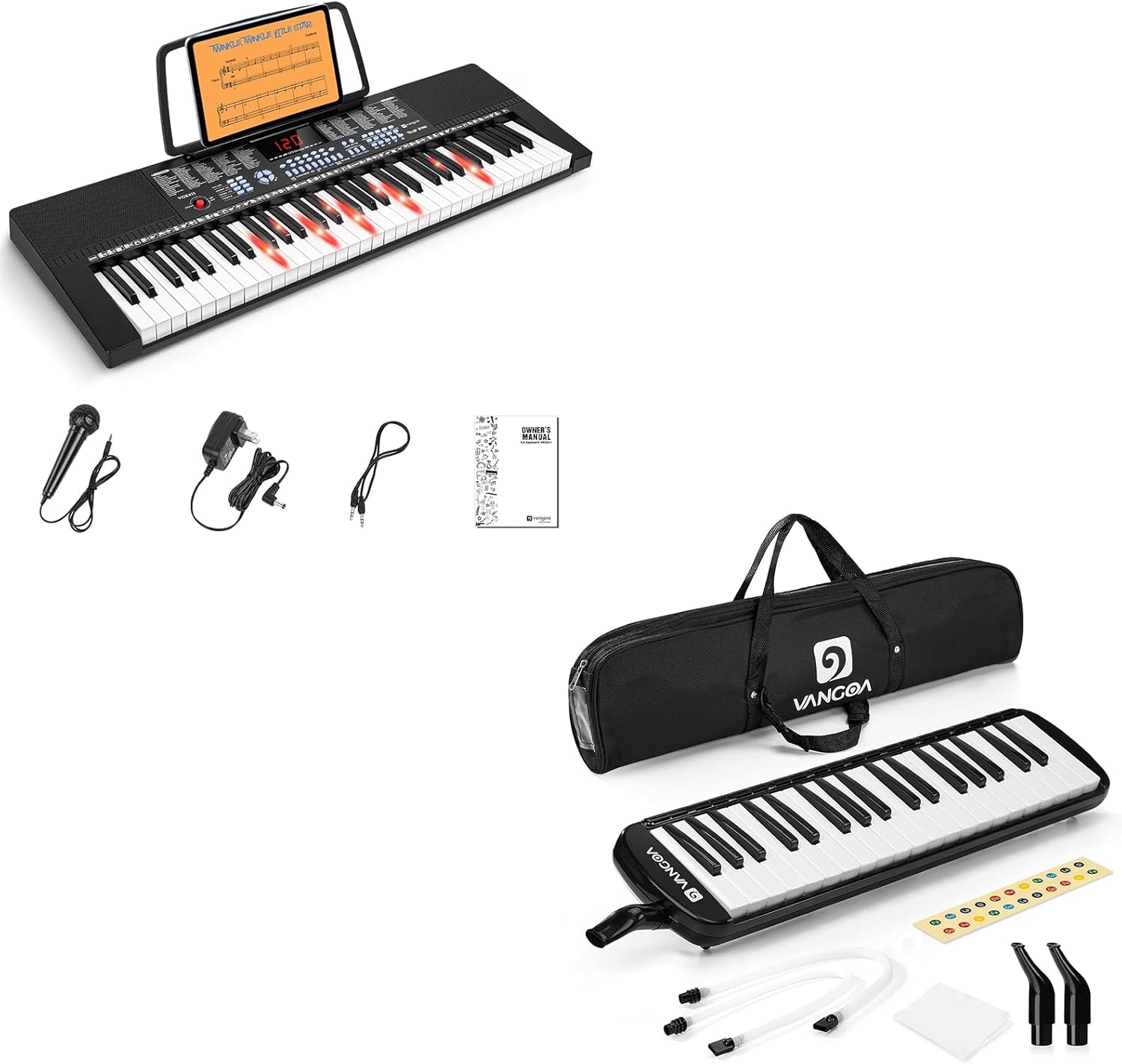 Vangoa 61-Key Light-Up Keyboard Piano for Beginners black and Vangoa 37 Key Melodica Musical Instrument Soprano