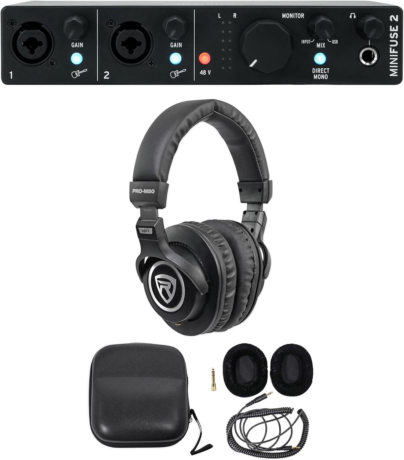 Audiosavings Bundle: (1) Arturia Minifuse 2 Black 2x2 USB MIDI Audio Recording Interface+Software Bundle with (1) Rockville PRO-M50 Studio Headphones w/Detachable Coil Cable, Case+Ear Pad (2 Items)