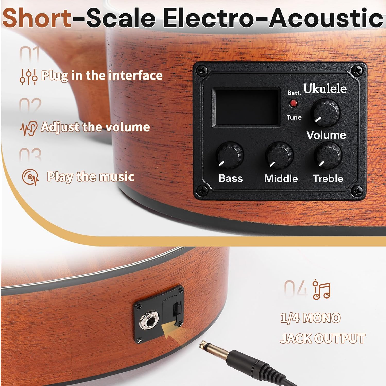 Ktaxon Electric Acoustic Bass Ukulele, 30 inch Mahogany Ukelele with EQ, Professional with 5W Amp E-A-D-G Ideal for Performances and Practice, Includes Gig Bag, Capo, Strap, Picks