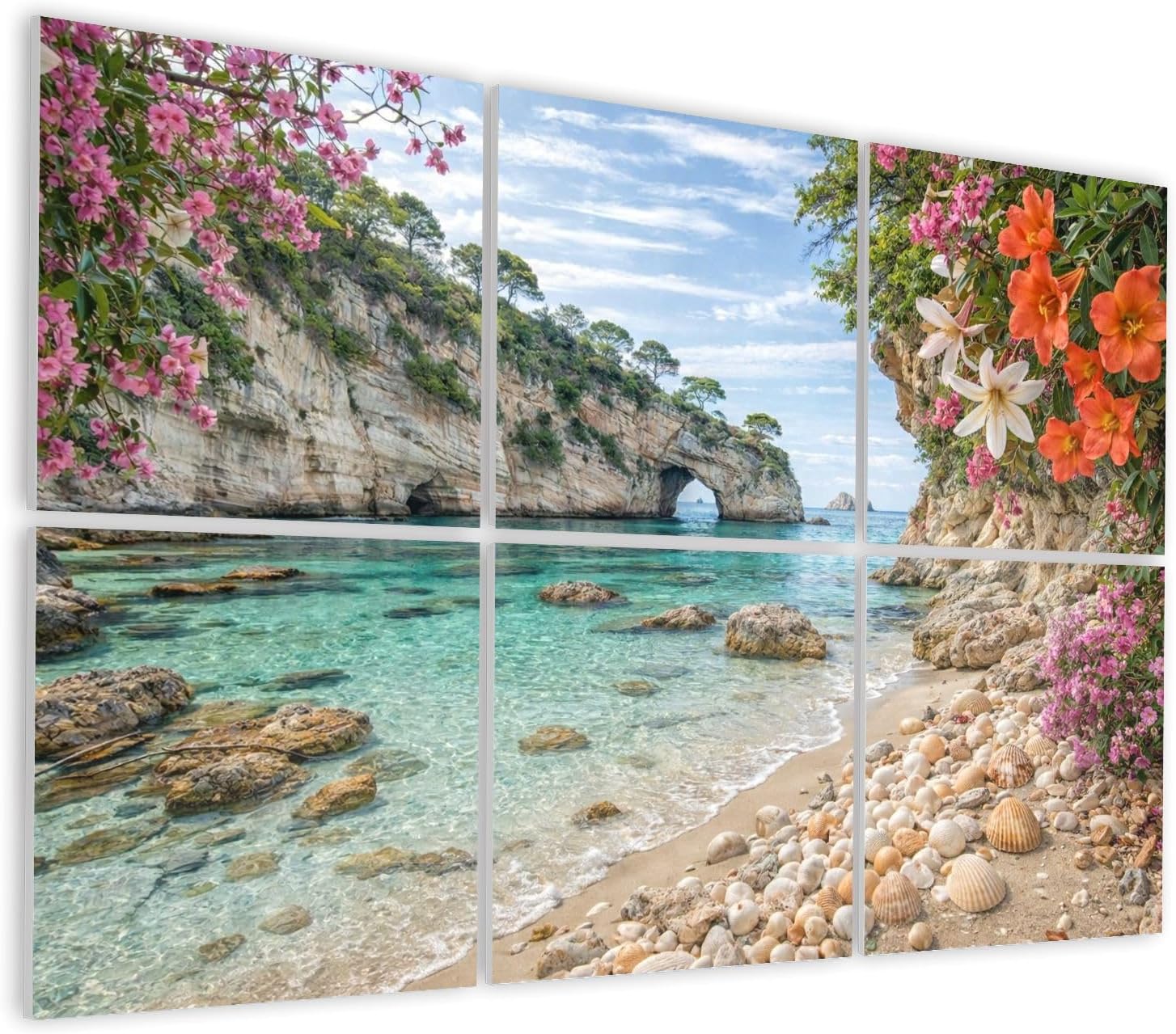 6 Pack Art Acoustic Panels Self Adhesive Tropical Beach Crystal Clear Waters Rock Arch Vibrant Flowers Decorative Soundproof Wall Panels Sound Absorbing Panel 48