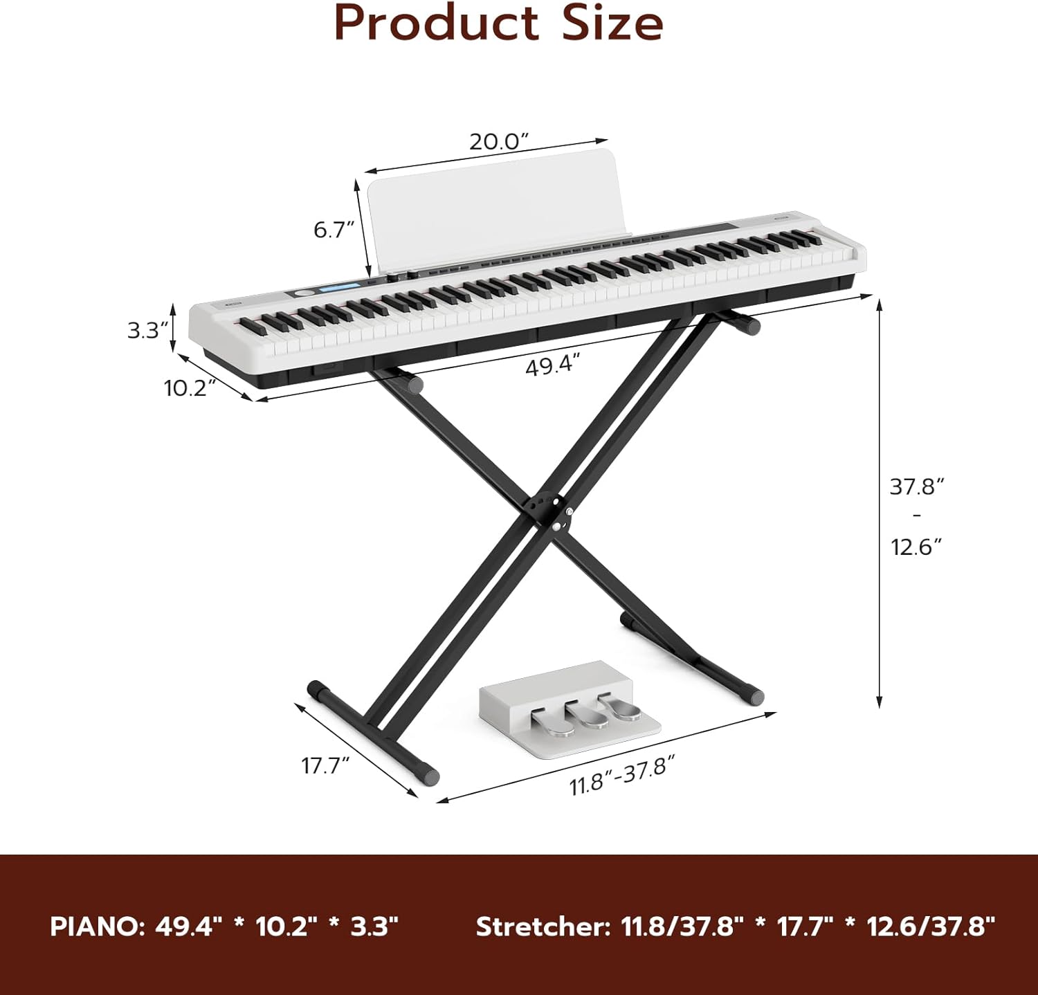 UMOMO UM-724 88 Key Digital Piano Keyboard with Piano X Stand, Full Size Electric Piano with Headphone, 3 Pedal, Electronic Piano for Beginner, Adults, White