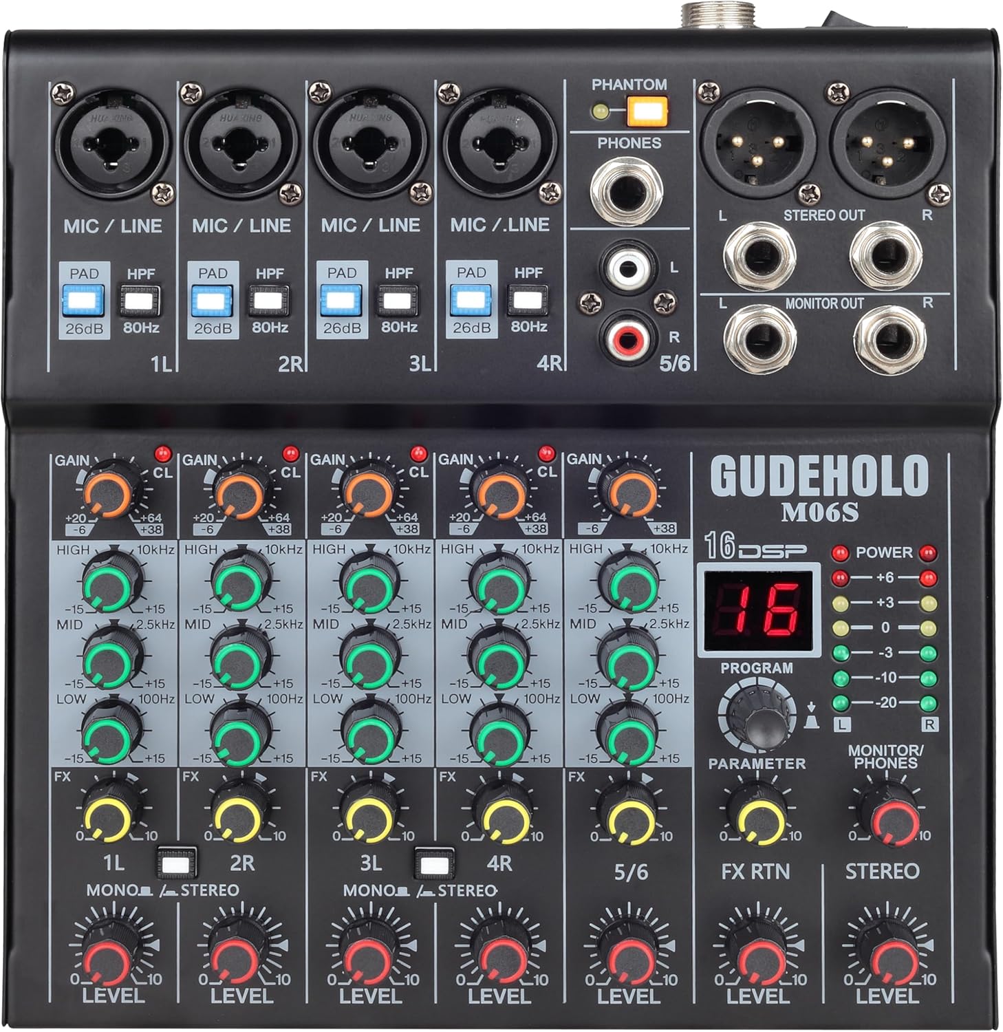 6-Channel Professional DJ Audio Mixer, DJ Controller Sound Mixer DSP 16 Preset Effects, Ideal for Home Party