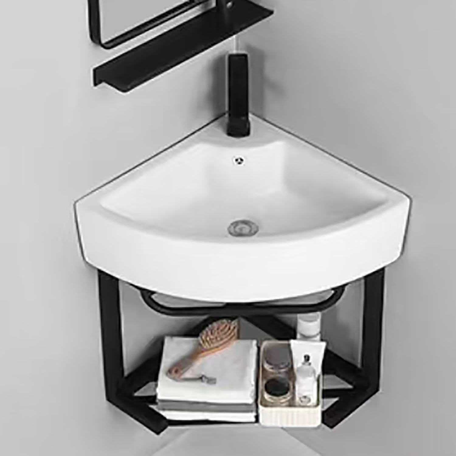 Corner Wall Mount Bathroom Sink, Wall Mounted Bathroom Sink, Scratch And Stain Resistant Finish, Bathroom Sink With Stainless Steel Rack Ceramic Vessel Sink, For Small Space ( Color : White , Size : 4