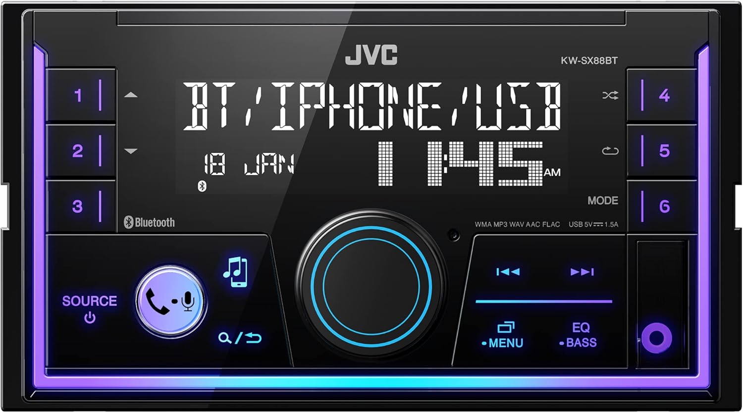 JVC KW-SX88BT Bluetooth Double DIN Digital Media Receiver with Shallow Chassis, Variable Color Display, Front USB/APowerful Amp, AM/FM Radio, Ideal OEM Replacement