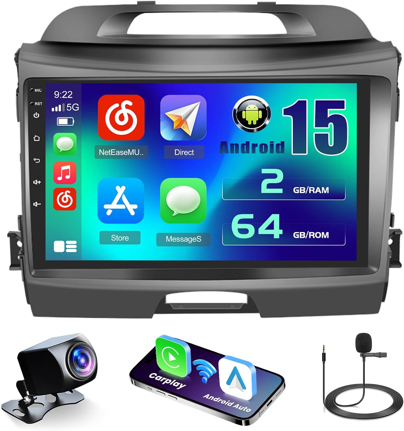[2+64GB] Android 15 Car Radio for Kia Sportage 2010-2016 with Wireless Carplay Android Auto, 9 Inch HD Touchscreen Car Stereo with WiFi GPS Bluetooth FM/RDS SWC Backup Camera MIC