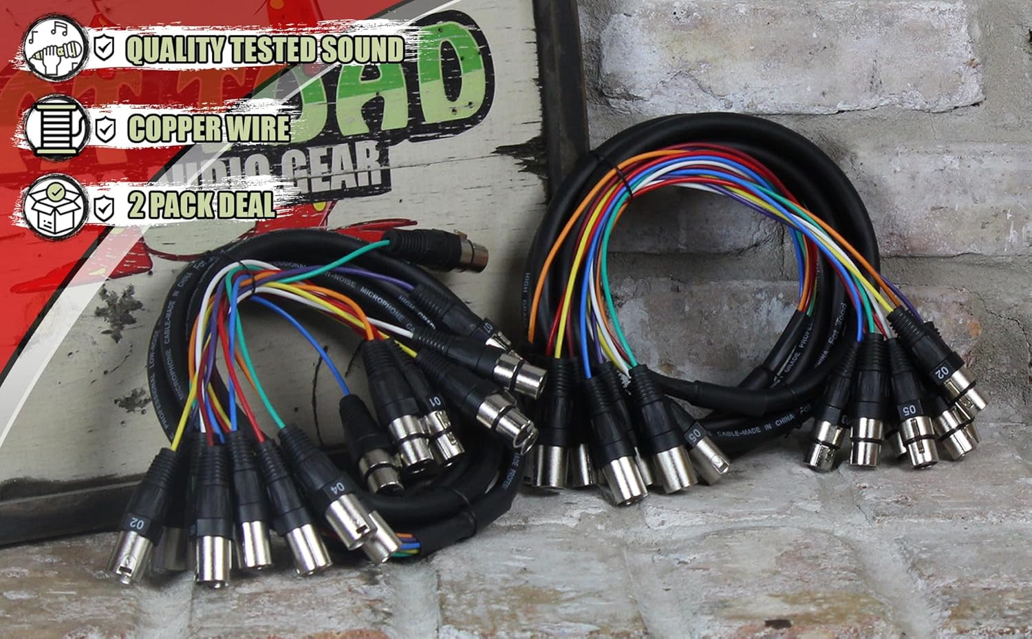 Fat Toad 10ft 8 Channel XLR Snake Cables (ShieldedPRO X Series) 2 Pack – Balanced 3-Pin Mic Patch Wires – Multicore for Studio, Stage, Mixer & DMX Use