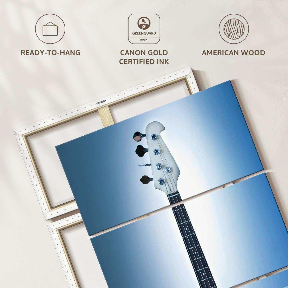 ElephantStock - Cool Bass Guitar Wall Art - Vertical Multi Panel Canvas - 3 Piece Living Room Wall Decor - Photography Music Multi Piece Wall Art - Brown And Blue Decor - 48