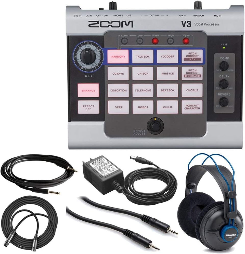 Zoom V3 Vocal Effects Processor With 16 Voice Effects + Professional Studio Reference Headphones + 9V AC Adapter + Cables - Deluxe Bundle Great For Stage Performance or Home Recording