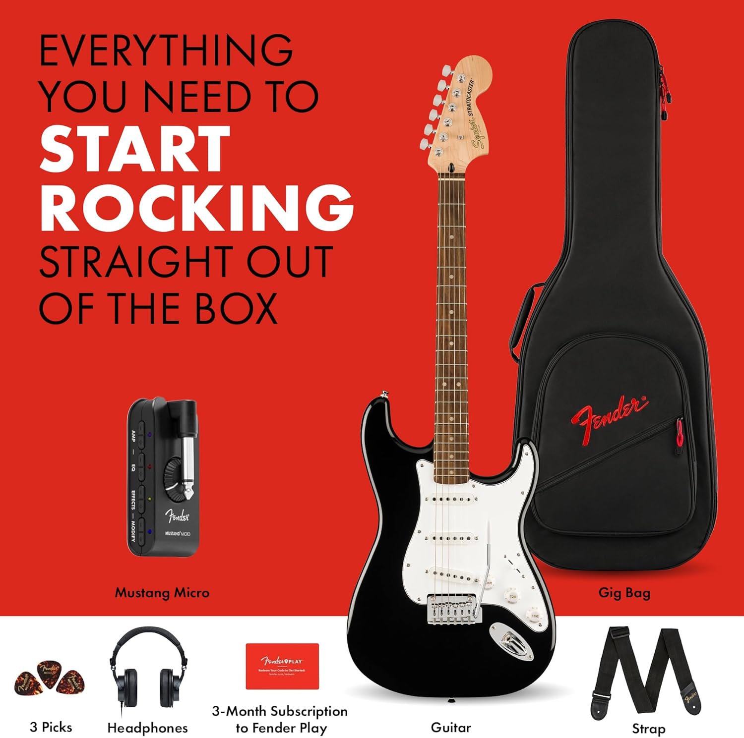 Fender Affinity Series Stratocaster Mustang Micro Pack, Laurel Fingerboard, Black, Gig Bag, HD9, US, CA, EU, AU, JP