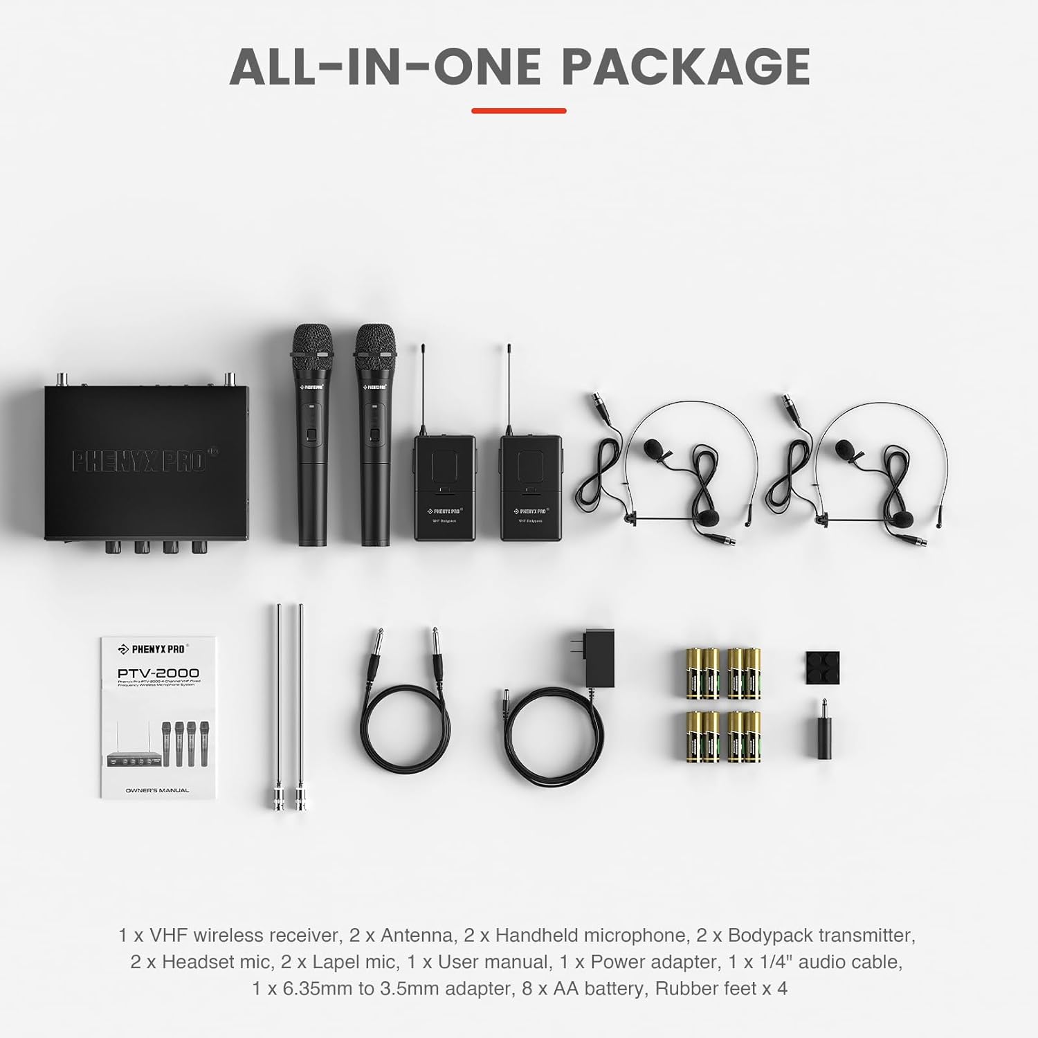 Phenyx Pro Wireless Microphone System, 4-Channel VHF Wireless Microphone Set with 2 Handhelds/2 Bodypacks/2 Lapels/ 2 Headset, Metal Receiver, Suitable for Church, Meeting, Conference(PTV-2000-2H2B)