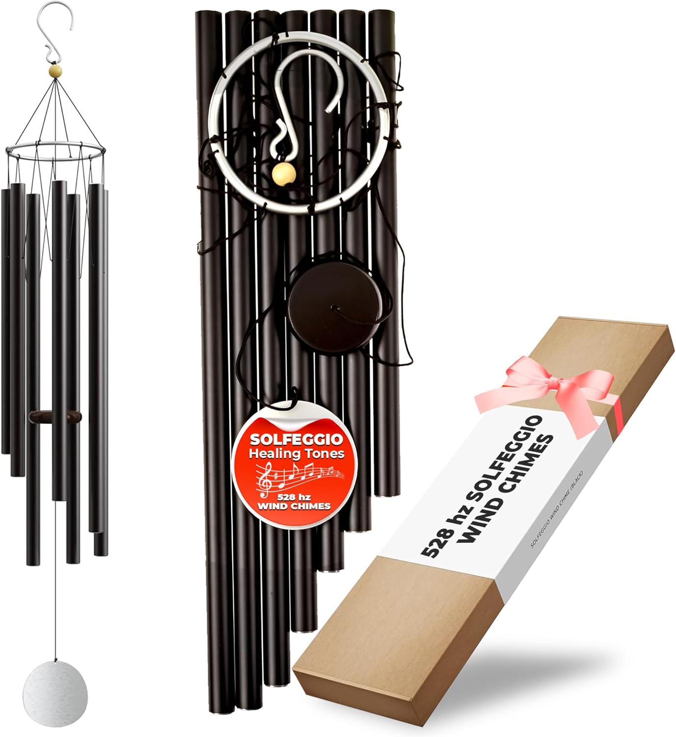 Wind Chimes for Outside and Inside – 44 inch – 528hz Solfeggio Healing Tones - Black