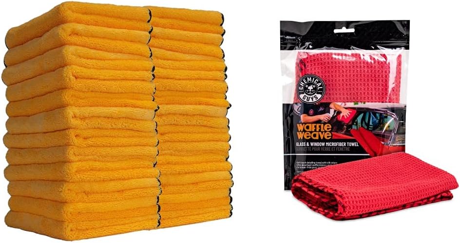 Chemical Guys MIC_506_24 Professional Grade Premium Microfiber Towels, Gold - Safe for Car Wash, Home Cleaning & Pet Drying Cloths & MIC707 Waffle Weave Glass and Window Microfiber Towel, Red
