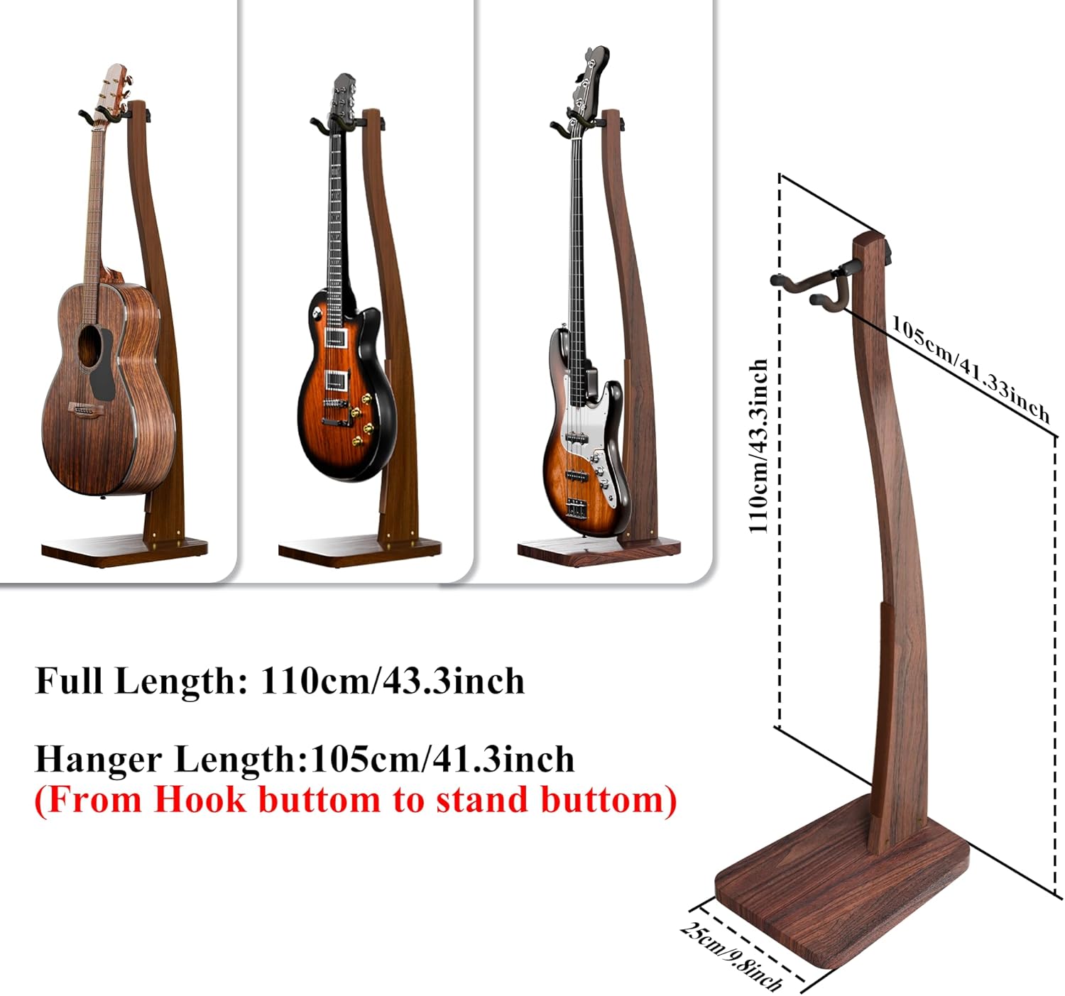 Guitar Stand, Acoustic Guitar Stand Floor, Premium Solid Wood Guitar Stand, Single Guitar Holder Stand for Acoustic Guitar, Electric Guitar, Bass Guitar, Semi Curved Hanging Guitar Stands for Studio, Living Room, American Black Walnut