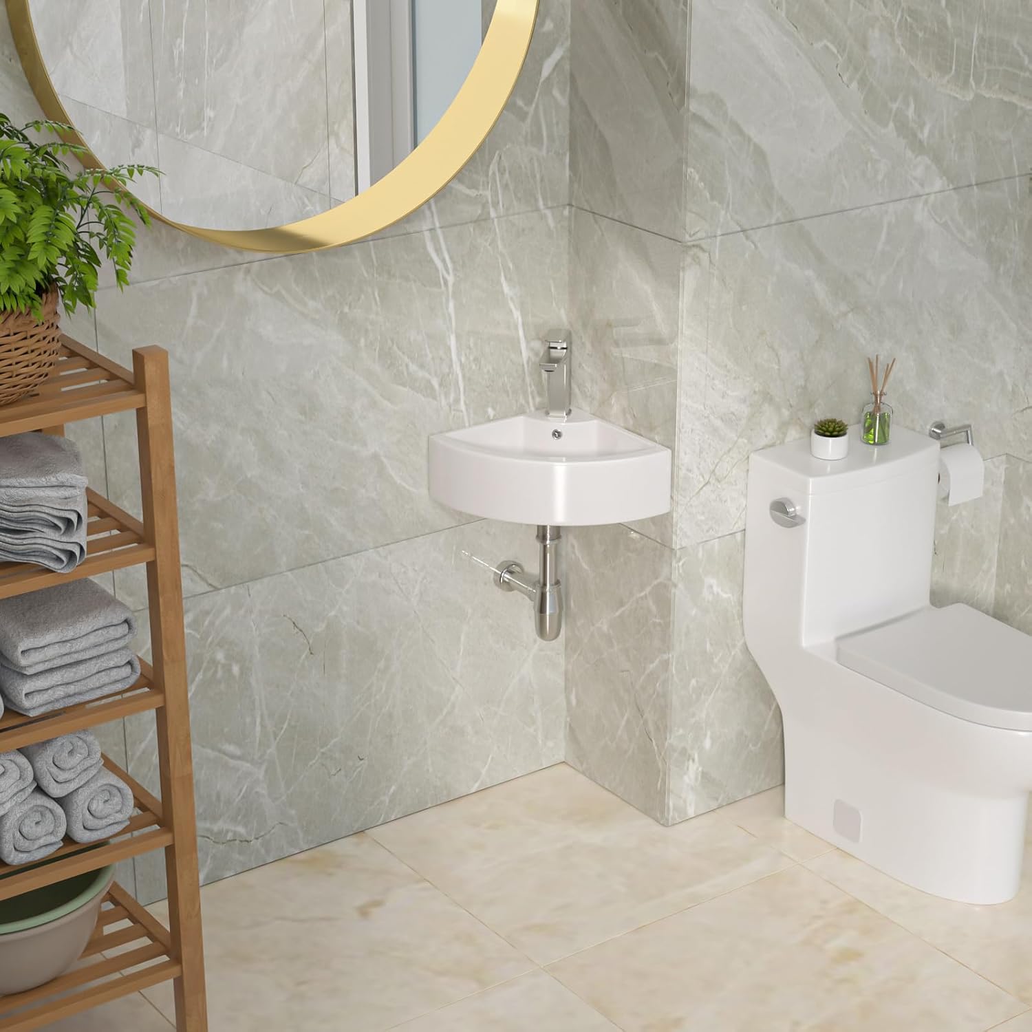 Lordear Wall Mount Corner Bathroom Sink 18 Inch White Ceramic Washing Basin Sector Wall Mount Sink for Small Bathrooms.