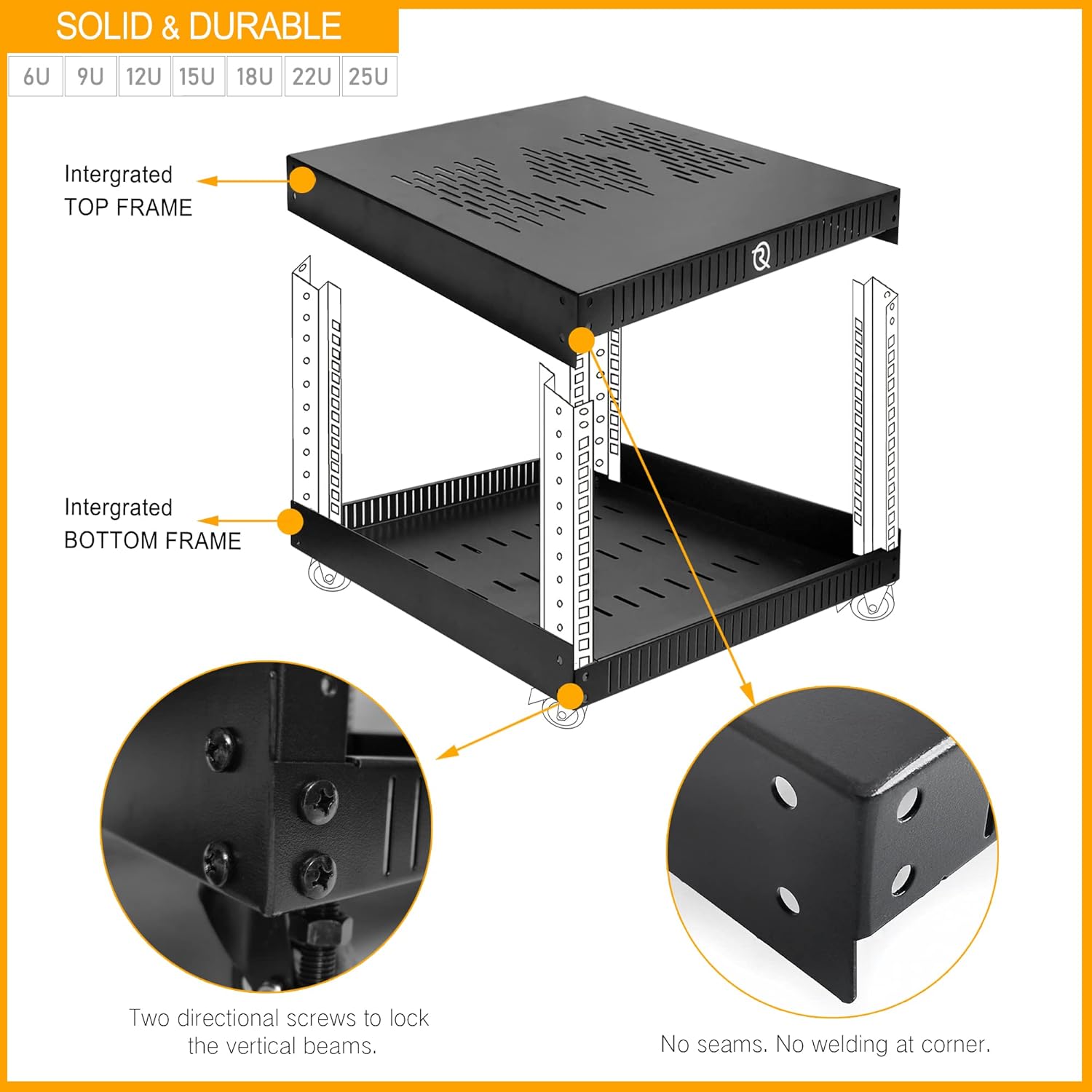 RIVECO 9U Network Rack with Reinforced Top Cover - 4 Post Floor Rack on Wheels for 19