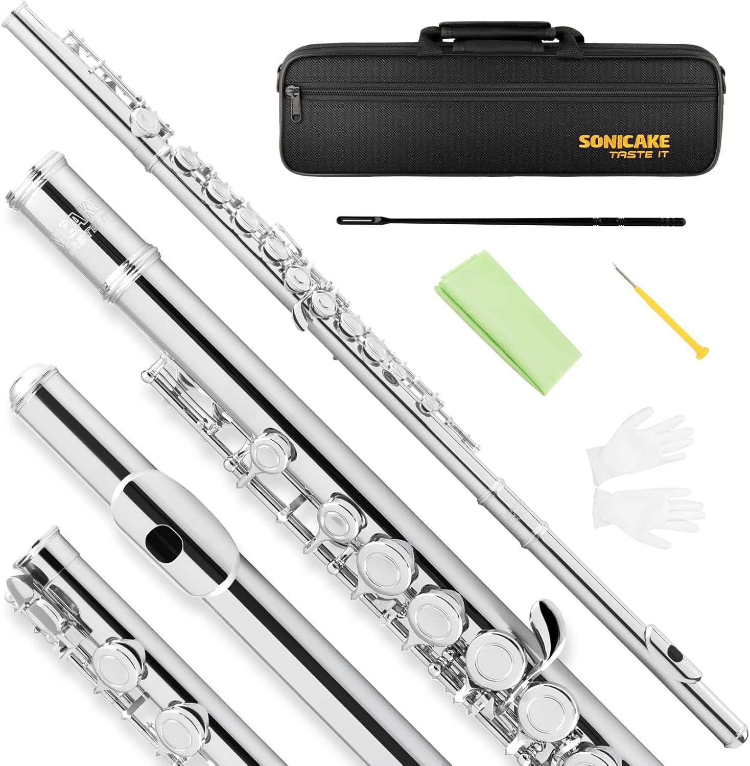 SONICAKE Nickel-plated C Flutes, Closed Hole 16Keys Flute for Beginner Student, Flute Instrument with Cleaning Kit, Carrying Case, Gloves, Tuning Rod, QFL-01