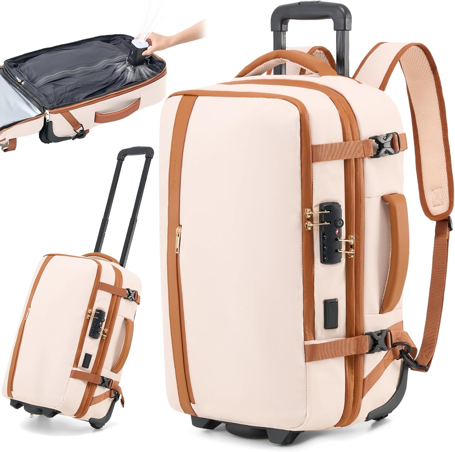 Fanwoli Vacuum Rolling Travel Backpack, Carry On Luggage with TSA Lock & Anti Theft Zipper, 70L Expandable Airback with Compression Pump, Waterproof Laptop Bag Ideal for Flight & Business