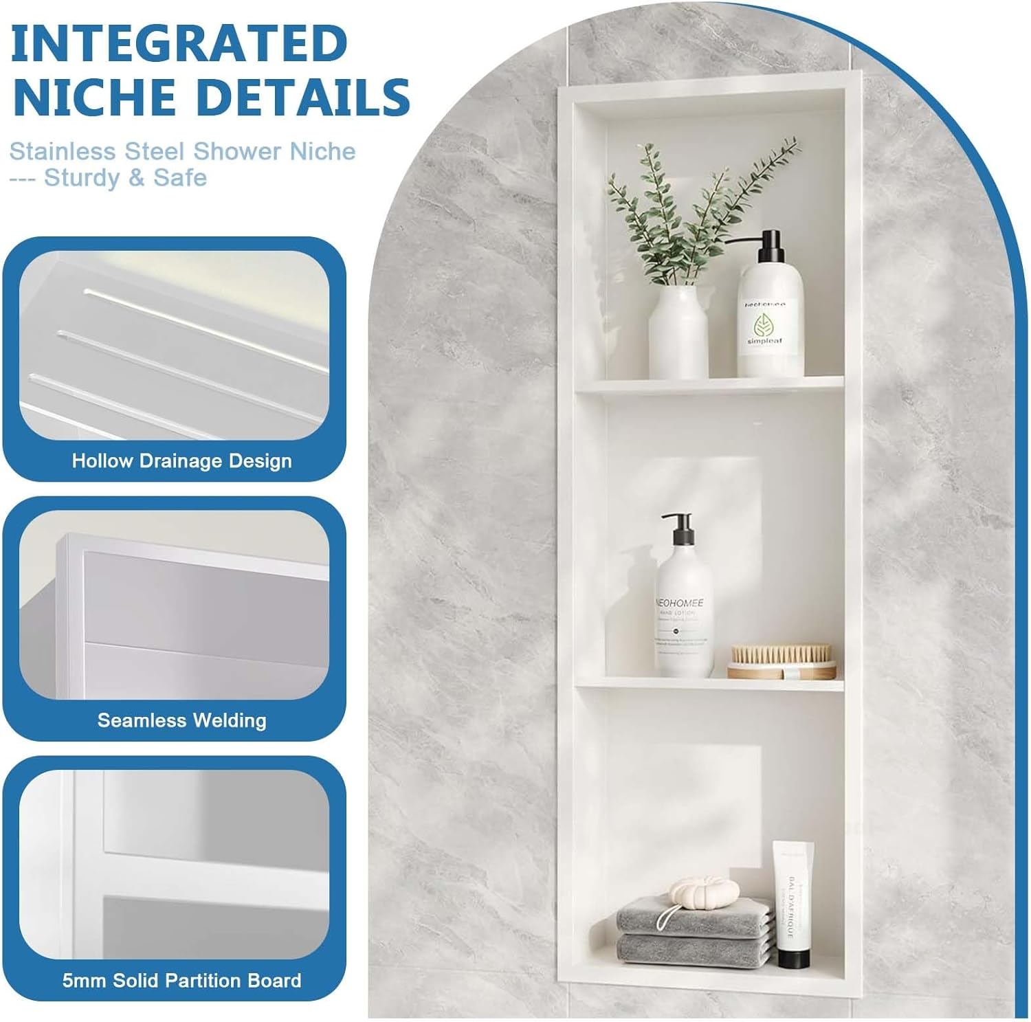 Shower Recessed Shelf 304 Stainless Steel, Waterproof Bathroom Niche Tile Ready Organizer Shelf, Wall Mount Bathroom Shower Storage(90cmx28cmx12.5cm)