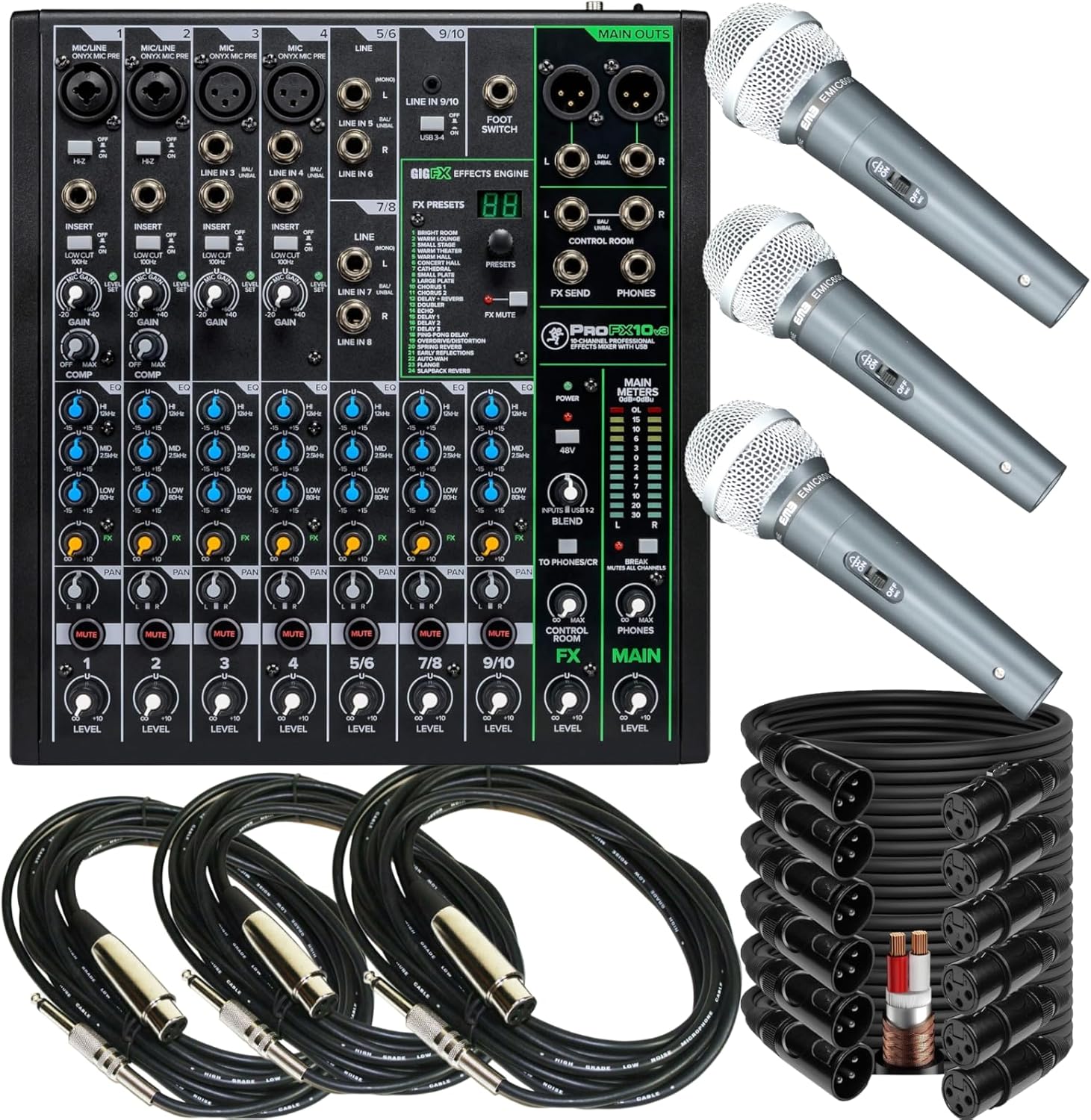 Mackie ProFX10v3 10-Channel Mixer with USB, Built-in Effects, 3 Microphones & 6 XLR Cables Bundle