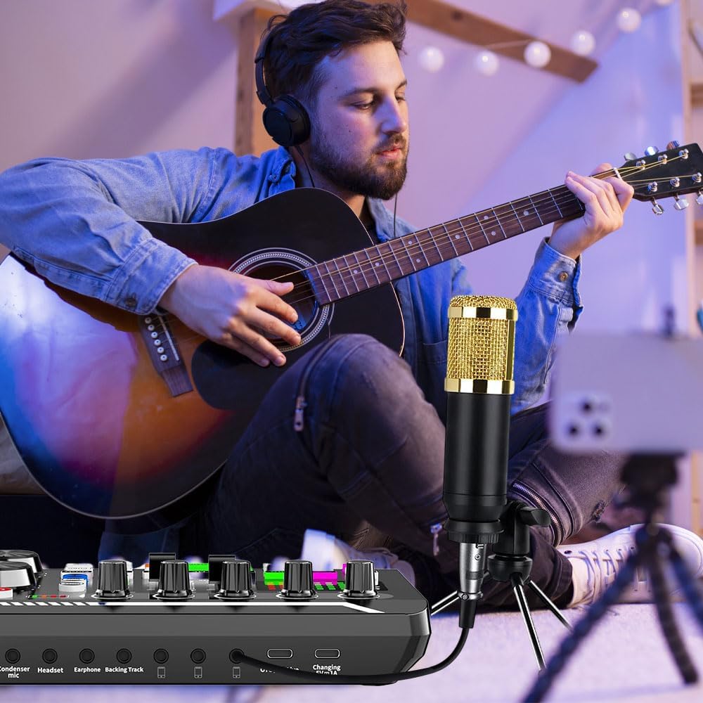 2025 New F998 Live Sound Card With DJ Mixer Effects & Voice Changer, Audio Interface Mixer, Effects Board Set Mixing Console Amplifier for Phone PC (C)