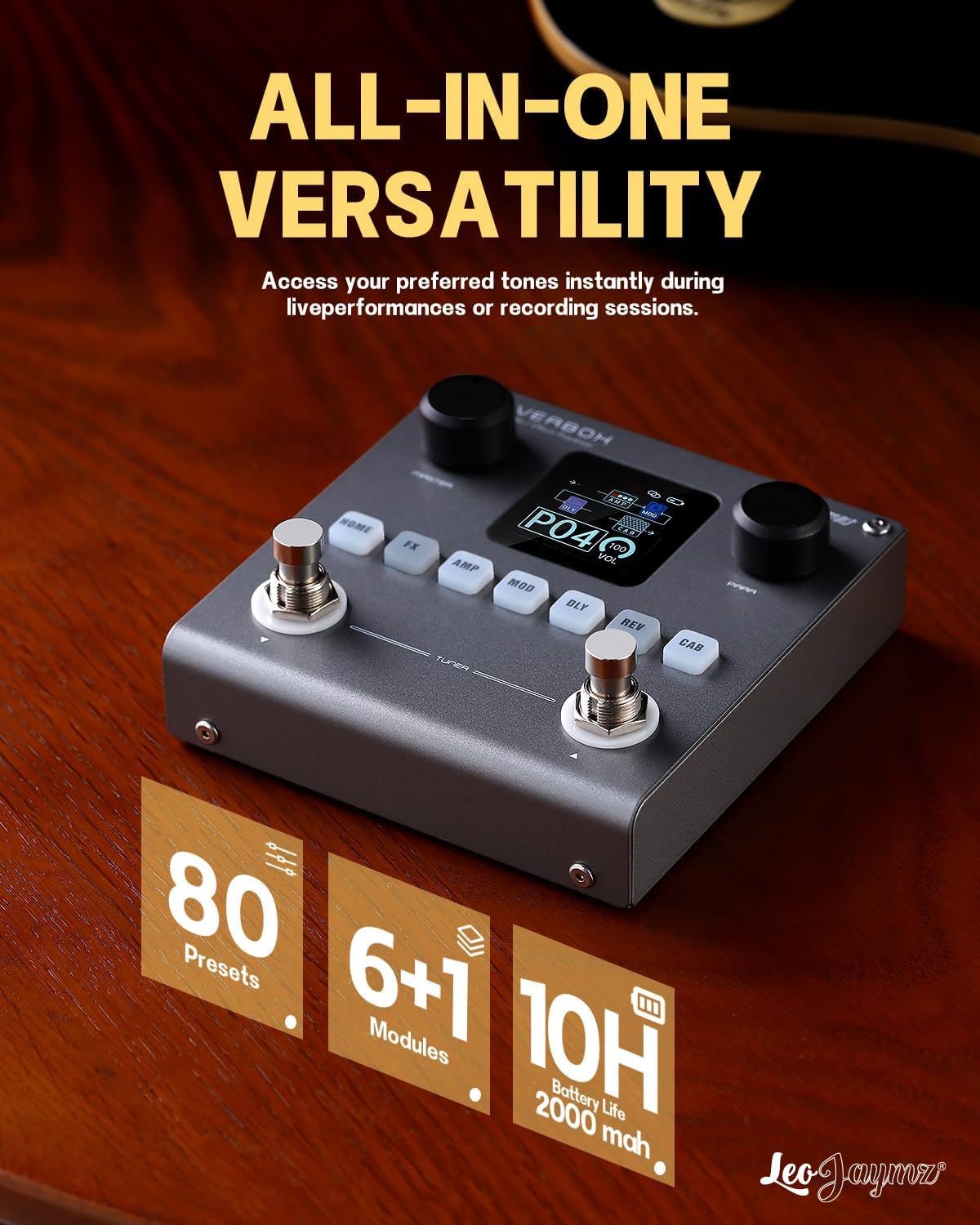 Leo Jaymz Portable Multi-Effects Guitar/Bass Amplifier Modeler Effects Processor with 6 Effects Modules, 80 Editable Presets & Rechargeable Battery