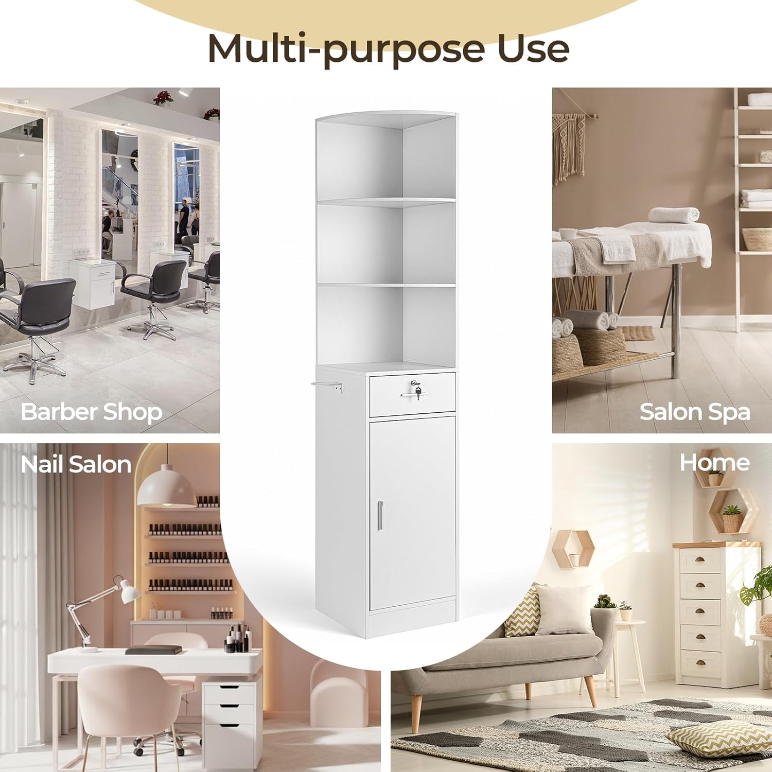 Winado Salon Corner Storage Cabinet, Wall Mount Salon Station with Lockable Drawer, Bottom Cabinet, Open Shelves, Hair Dryer Holder for Home Beauty & Barber Shop Spa Equipement, White