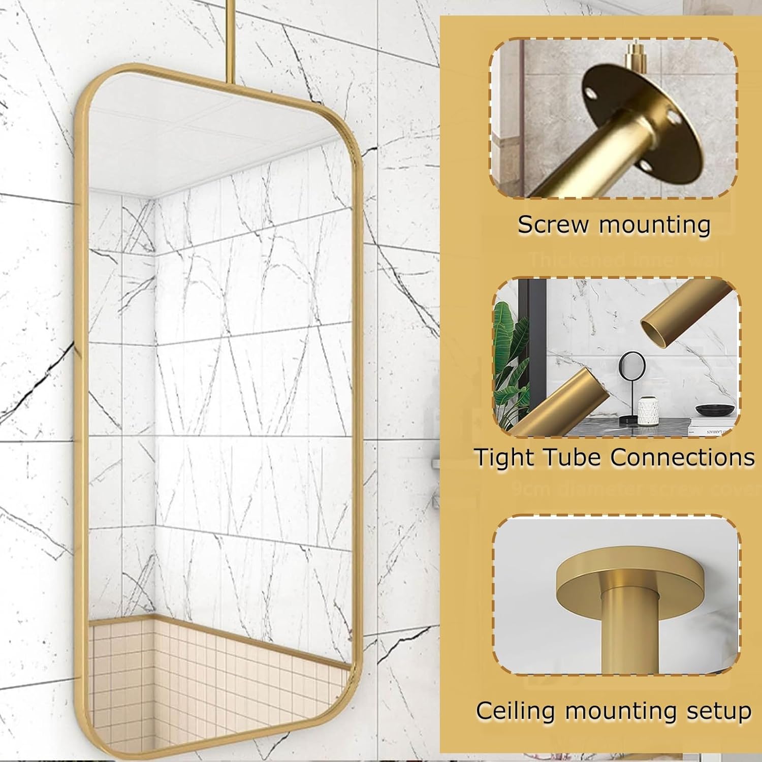 Ceiling Hanging Mirror Ceiling Mounted Bathroom Mirror Big Square Wall Mount Vanity Decor Metal Pole Ceiling Suspended Mirror Corner Mirrors For Bathroom Bedroom Bathrooms Entryway Large Suspend(60cmL