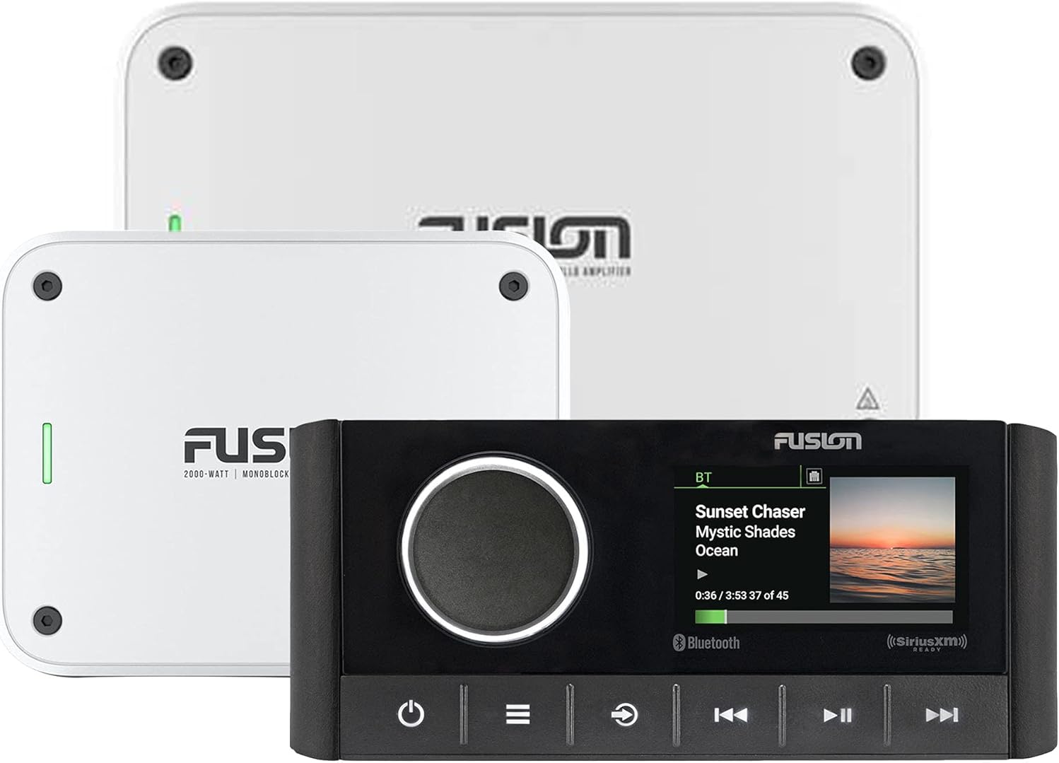 Fusion MS-RA670 Apollo Marine Entertainment System with Fusion MS-AP61800 Apollo 6 Channel and MS-AP12000 Mono Amplifiers