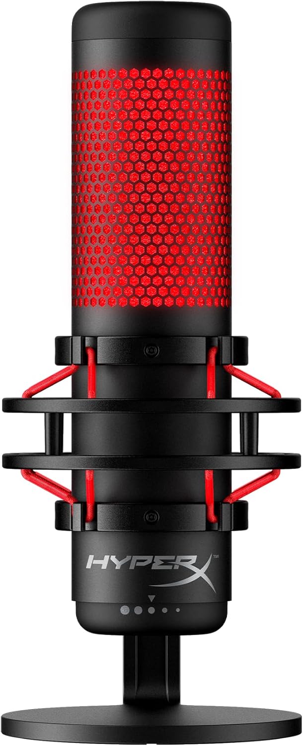 HyperX QuadCast - USB Condenser Gaming Microphone, for PC, PS4, PS5 and Mac, Anti-Vibration Shock Mount, Four Polar Patterns, Pop Filter, Gain Control, Podcasts, Twitch, YouTube, Discord, Red LED