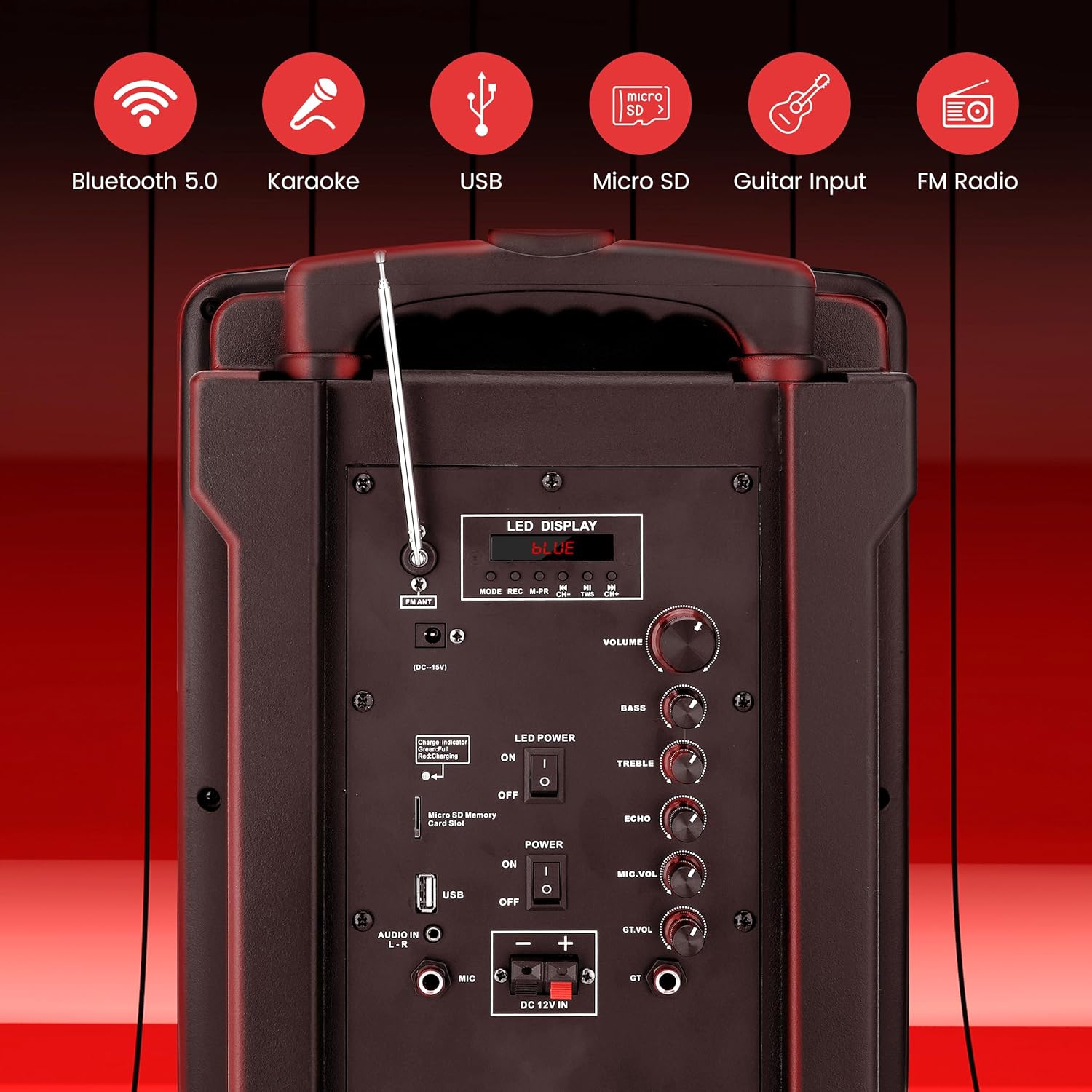 Pyle 8’’ Portable PA Speaker System - 280 Watts PA & Karaoke Speaker with Two Wireless & 1 Wired Microphone, Wireless Bluetooth Streaming, Flashing Party Lights, MP3/USB/FM Radio