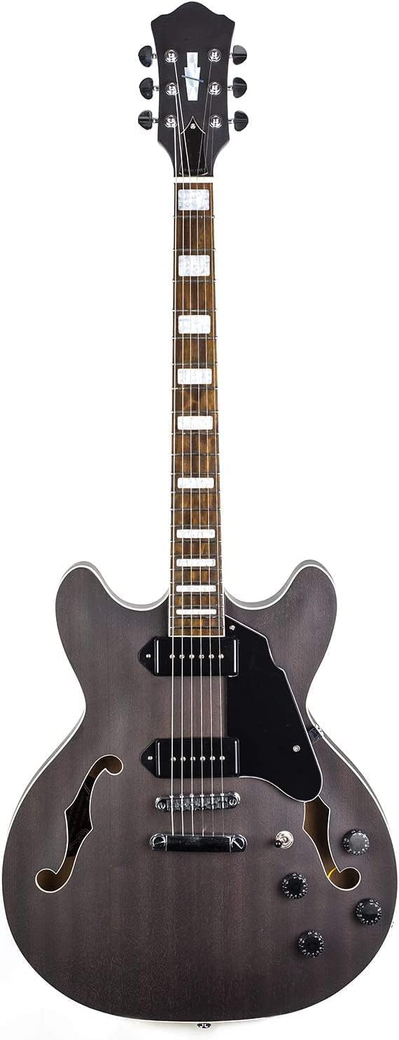 Semi-hollow Body Jazz Electric Guitar, 335 Style Matte Electric Guitar with Flame Maple top, Rosewood Fretboard, P90 Pickups (Grey)