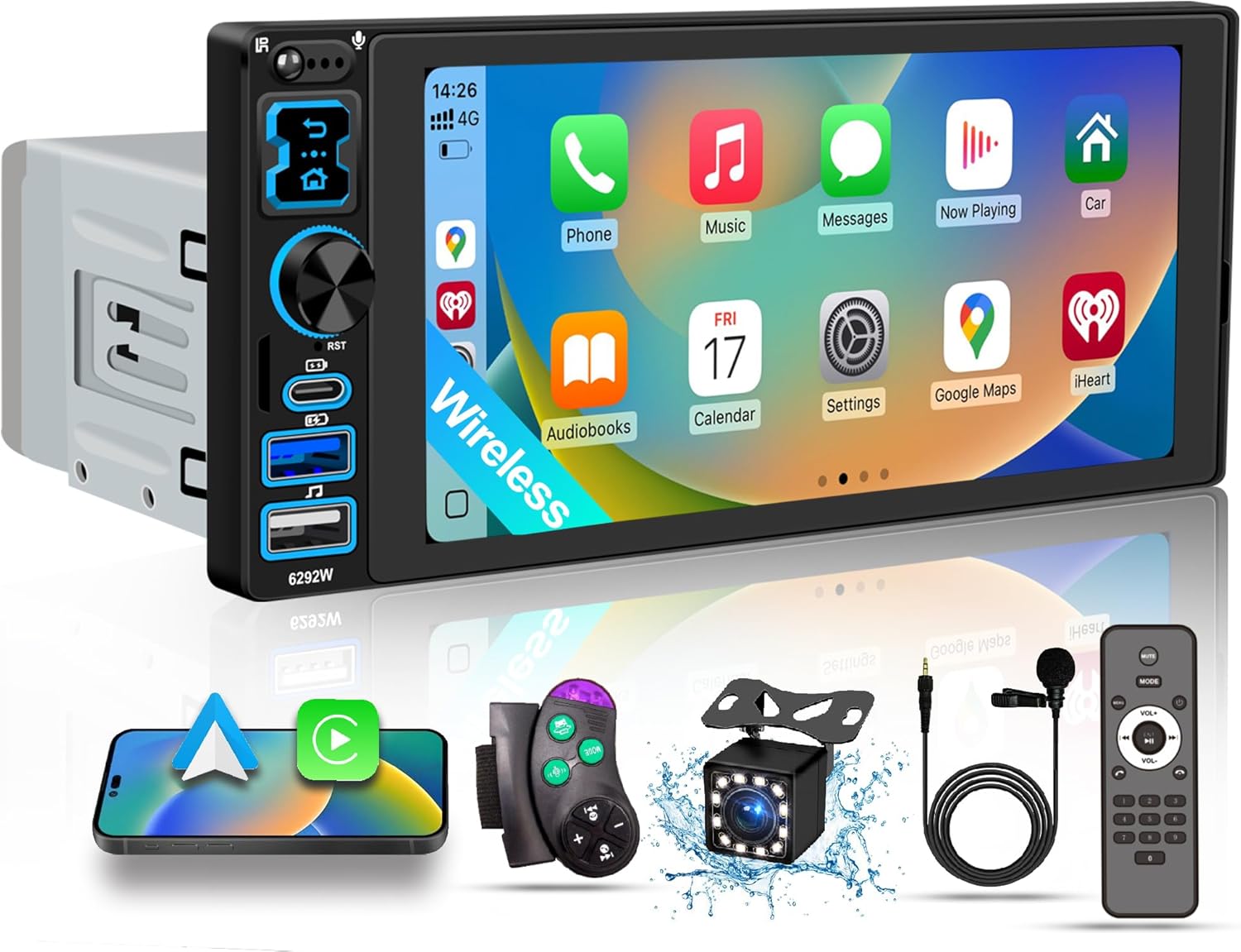 Single DIN Car Stereo Radio with Wireless Apple CarPlay & Android Auto, 6.8