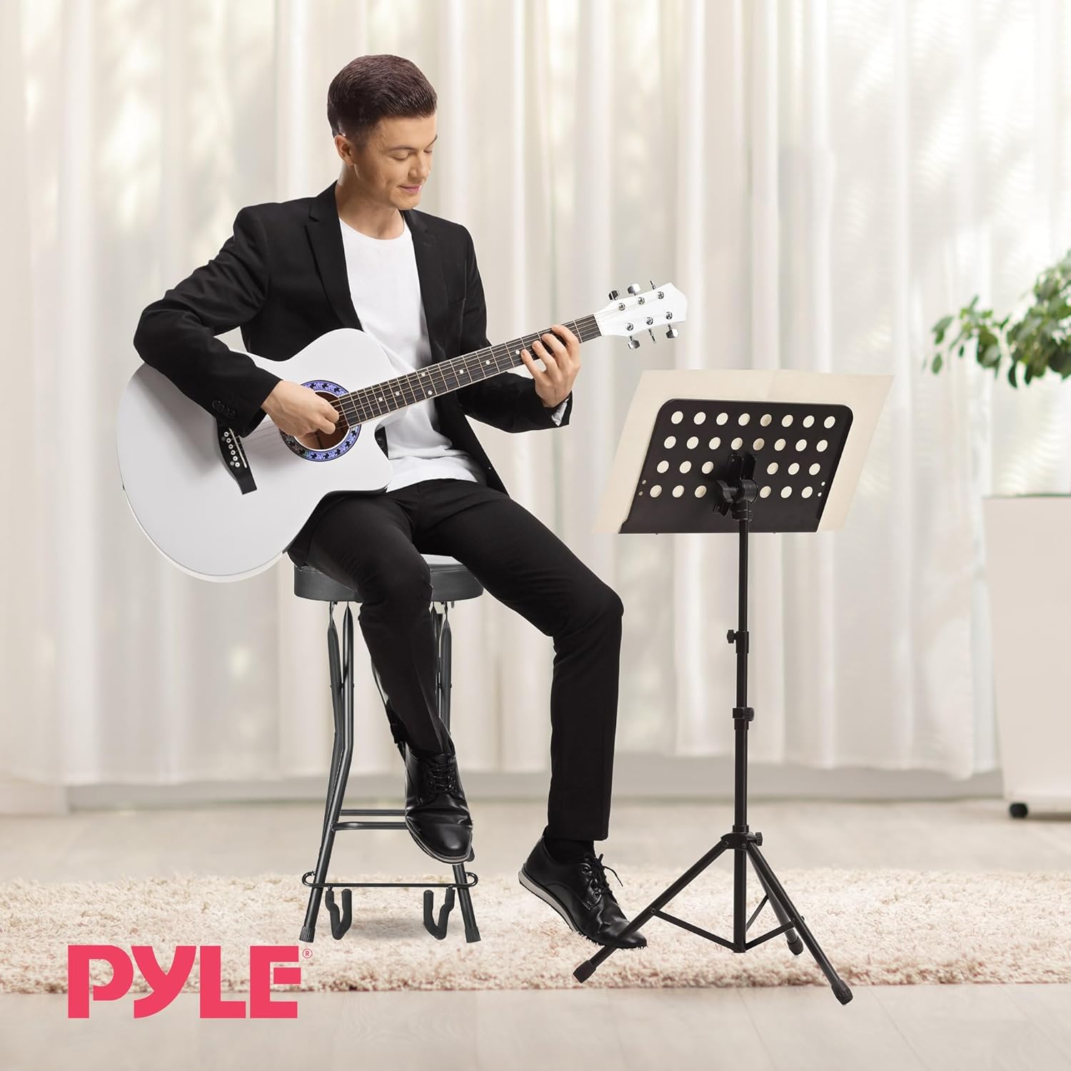 Pyle Adjustable Guitar Seat with Built-In Stand, EVA Foam Padded Cradles, Removable Backrest, Non-Slip Rubber Feet, Collapsible Design – Fits Acoustic, Electric & Bass Guitars – 300 lbs Capacity.