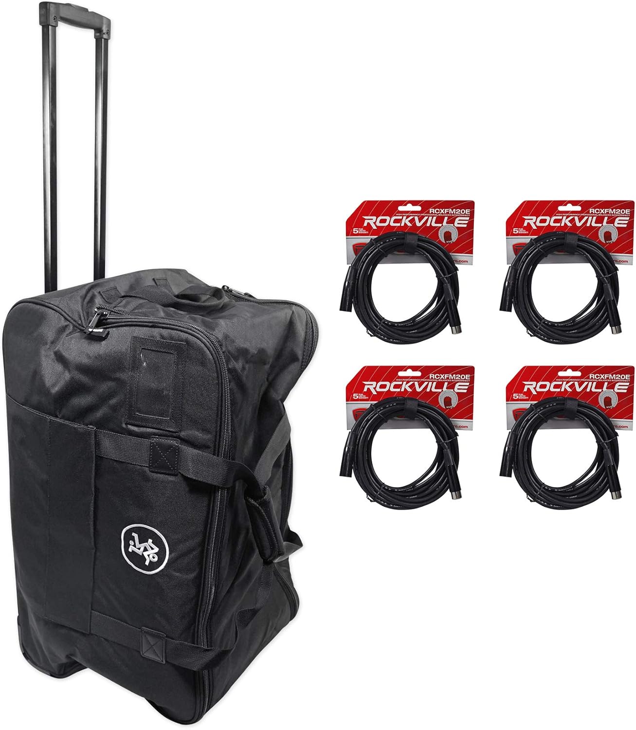 Rockville RCXFM20E-B 20 Foot Female to Male XLR Mic Cable Black 100% Copper Bundle with Mackie Water-Resistant Rolling Speaker Bag Carry Case for Thump12A & Thump12BST