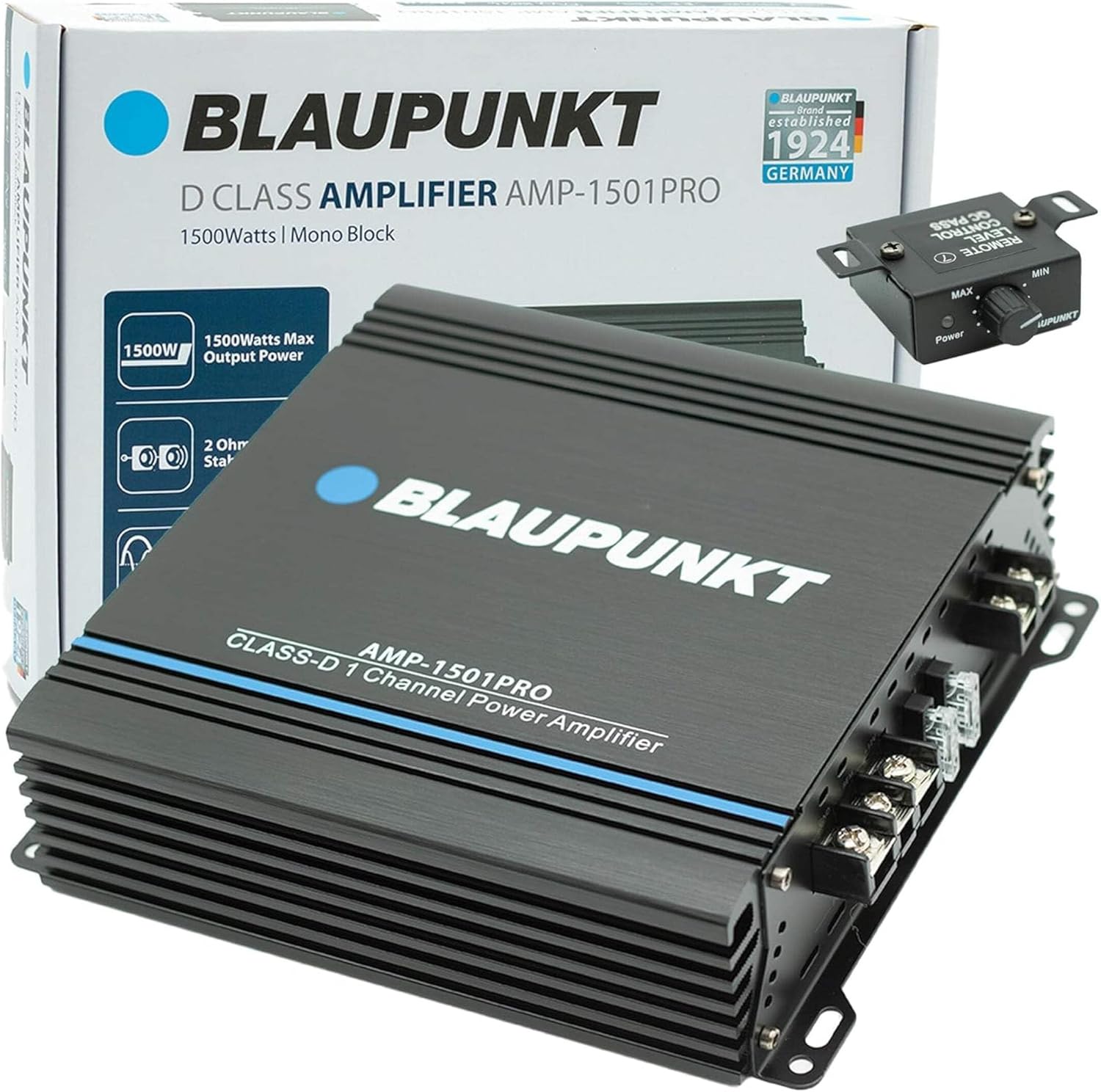 Blaupunkt AMP-1501PRO 1500W Monoblock Amplifier - Compact Design, Class D, 2 Ohm Stable