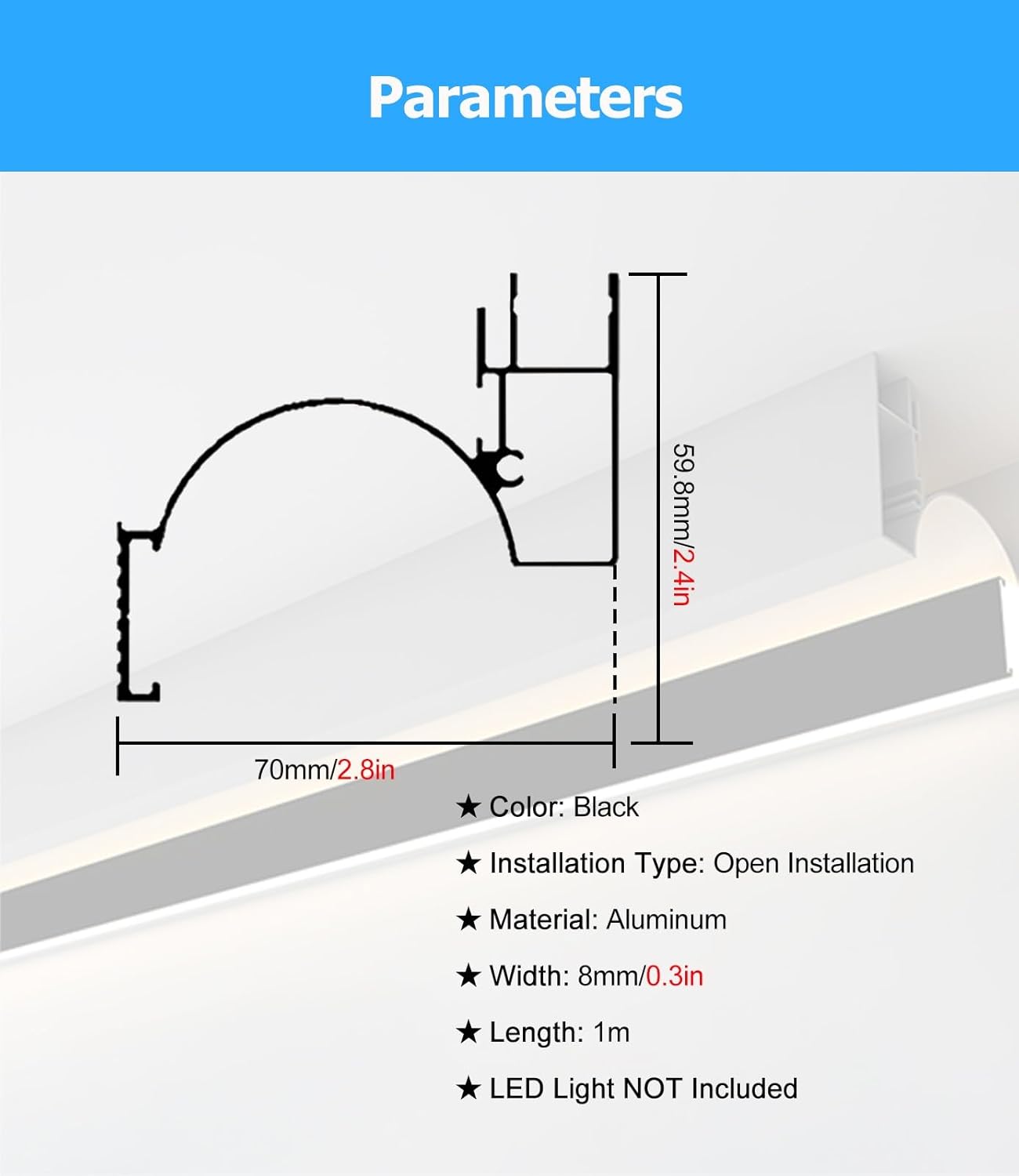 Aluminum Channel Baseboard 10 Pcs 1M Length Aluminum Channel Profile Skirtingboard Baseboard for Ceiling Wall Corner, LED Strip Lights Diffuser with Cover, Surface-Mounted Aluminum Channel(Black)