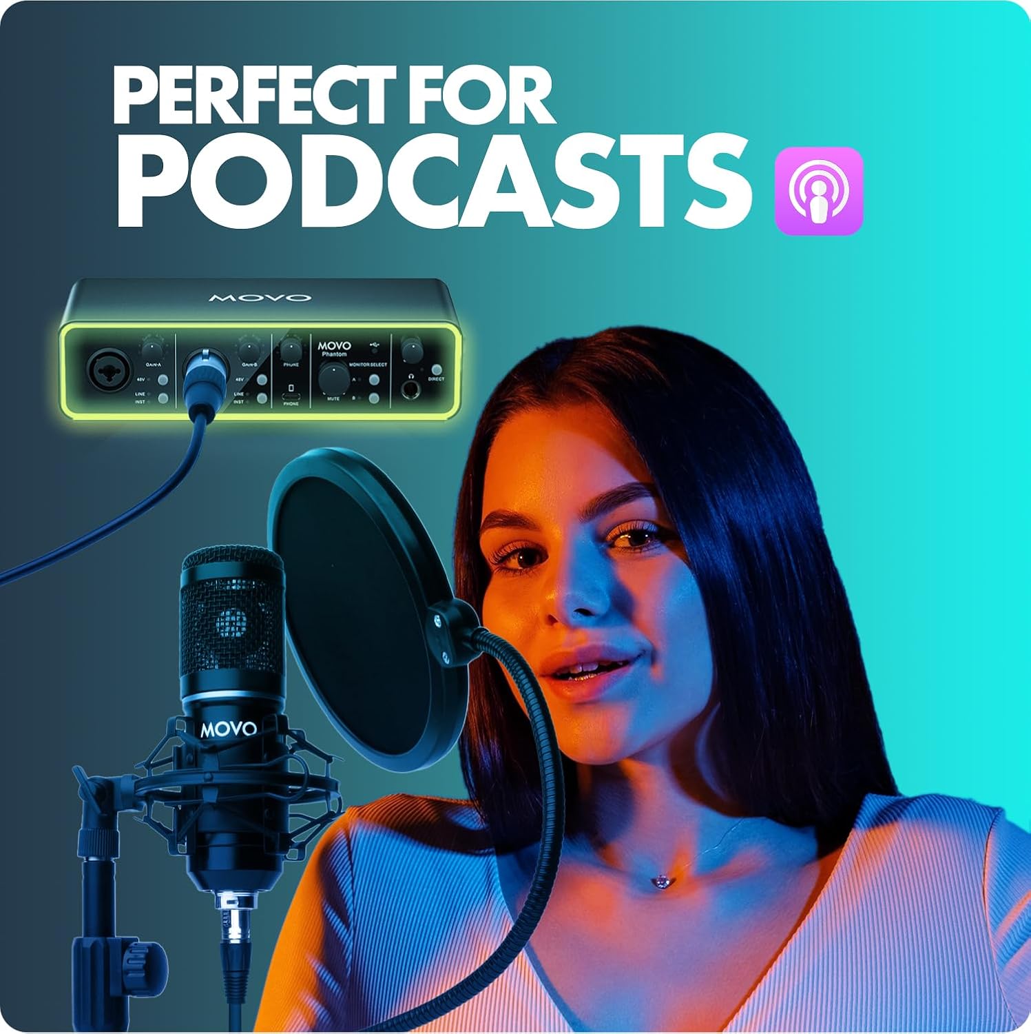 Movo PodPak2T Podcast Equipment Bundle 2-Pack Universal Cardioid Condenser Microphone Kit with Phantom 2x2 Audio Interface and Desktop Mic Stand - for YouTube, Podcasting, Streaming, Musicians