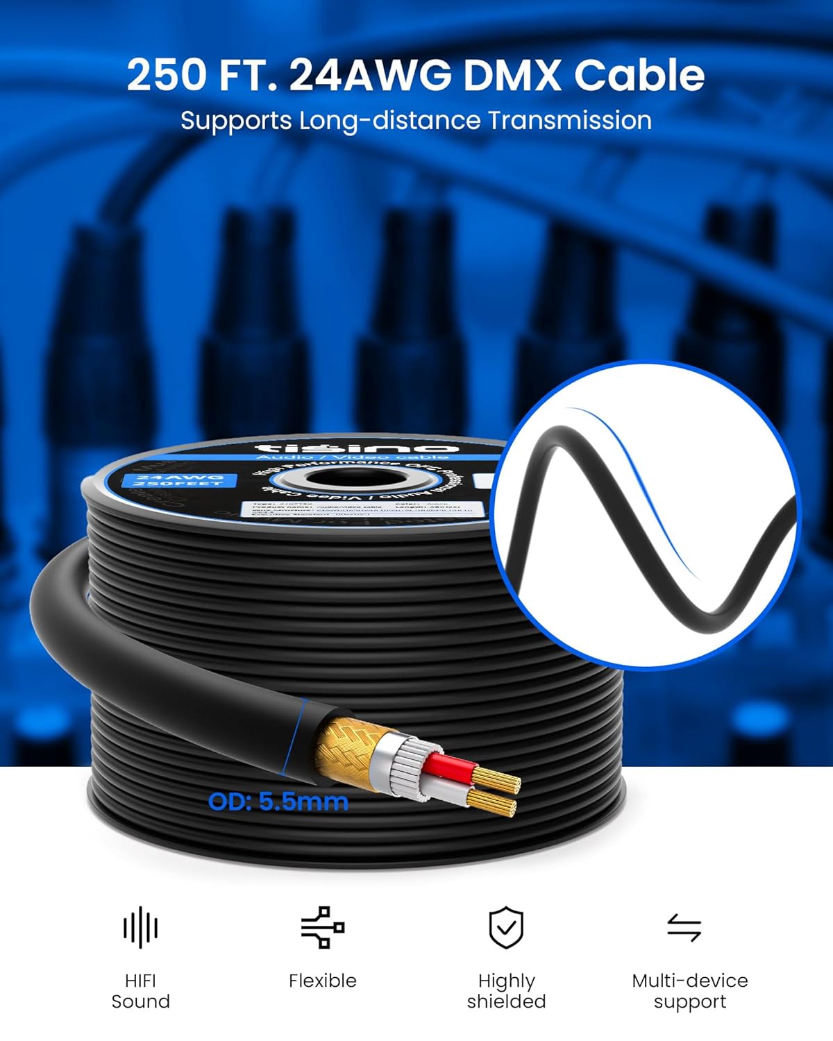Tisino Bulk XLR Cable, Microphone Cable DMX Cable, 24 AWG Pure Copper, OFC, Flexible, Spiral Braided Shielding for DJ Studio, Live Stage for Hookup/Extension- 250 Feet