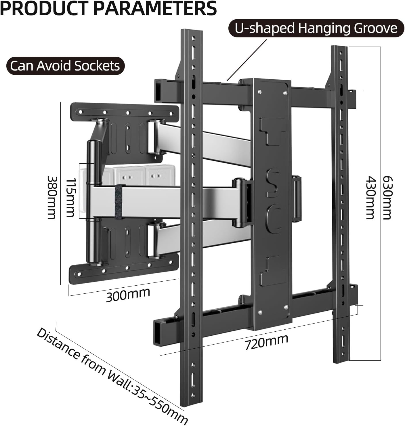 Corner TV Wall Mount for 65 75 77 85 86 inch TVs,Long Arm Full Motion TV Bracket for 50-90 inch， Extension Articulating Arm Swivel and Tilt, Avoid outlets Hold 154lbs，Max VESA 650x600.