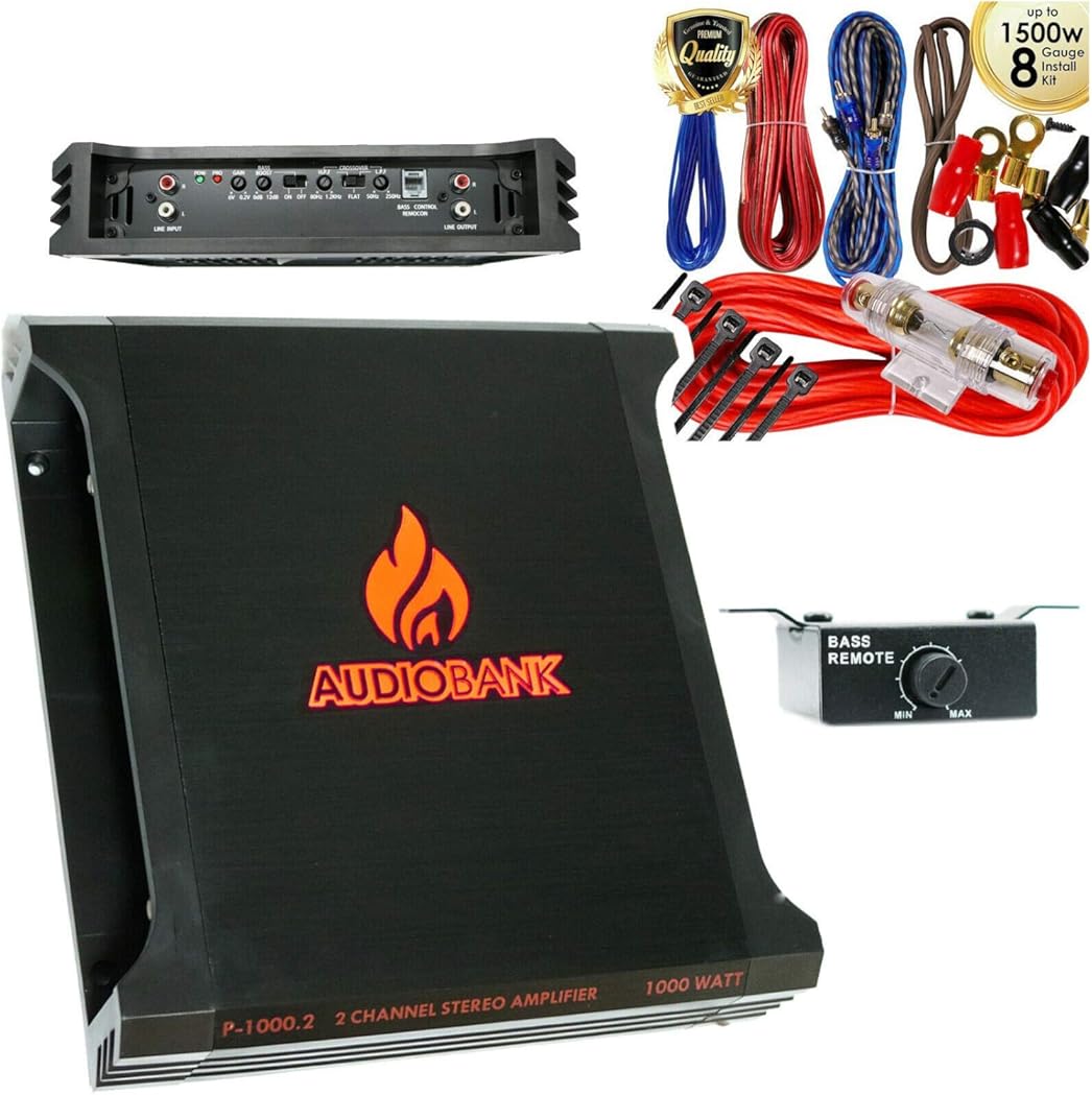 Audiobank P1000.2 1000 Watt 2-Ohm Stable 2 Channel Bridgeable & TRI-Mode Operation Stereo Amplifier + Complete 1500W 8 Gauge Car Amplifier Installation Wiring Kit