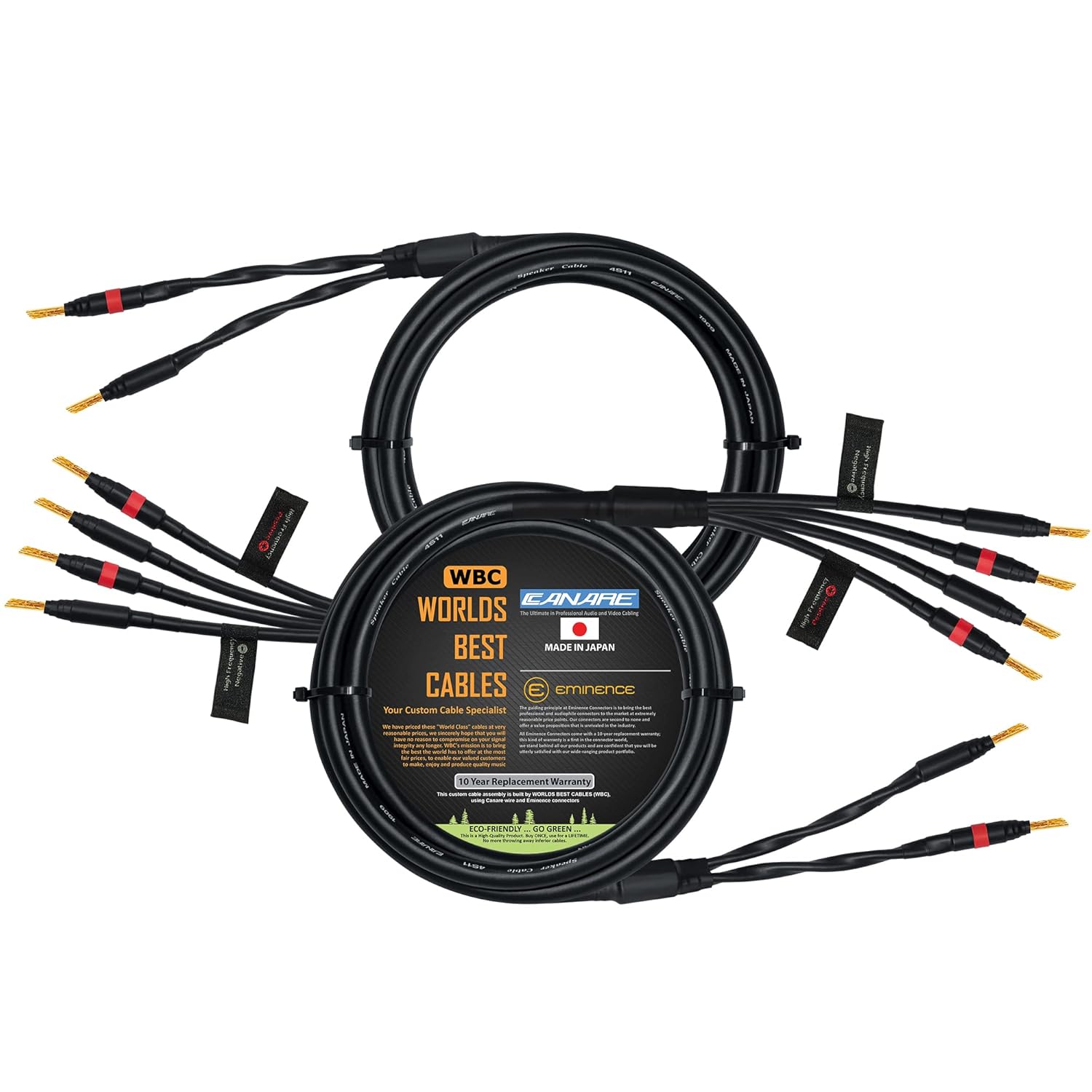 WORLDS BEST CABLES 6 Foot - Canare 4S11 – Audiophile Grade - HiFi Star-Quad Bi-Wire Speaker Cable Pair with Eminence Gold Banana Connectors