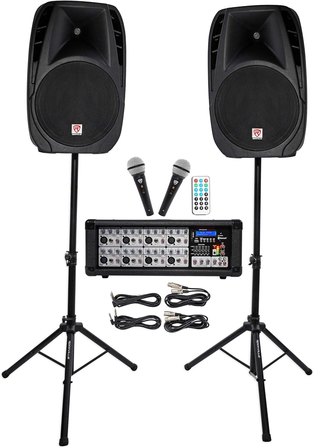 Rockville RPG2X15 Bundle: (2) 15 in Passive PA Speakers, 8-Channel Powered Mixer with Bluetooth, USB/SD, (2) Tripod Stands, (2) Wired Microphones, (2) 10 ft Speaker Cables, Karaoke Ready, 9-Items