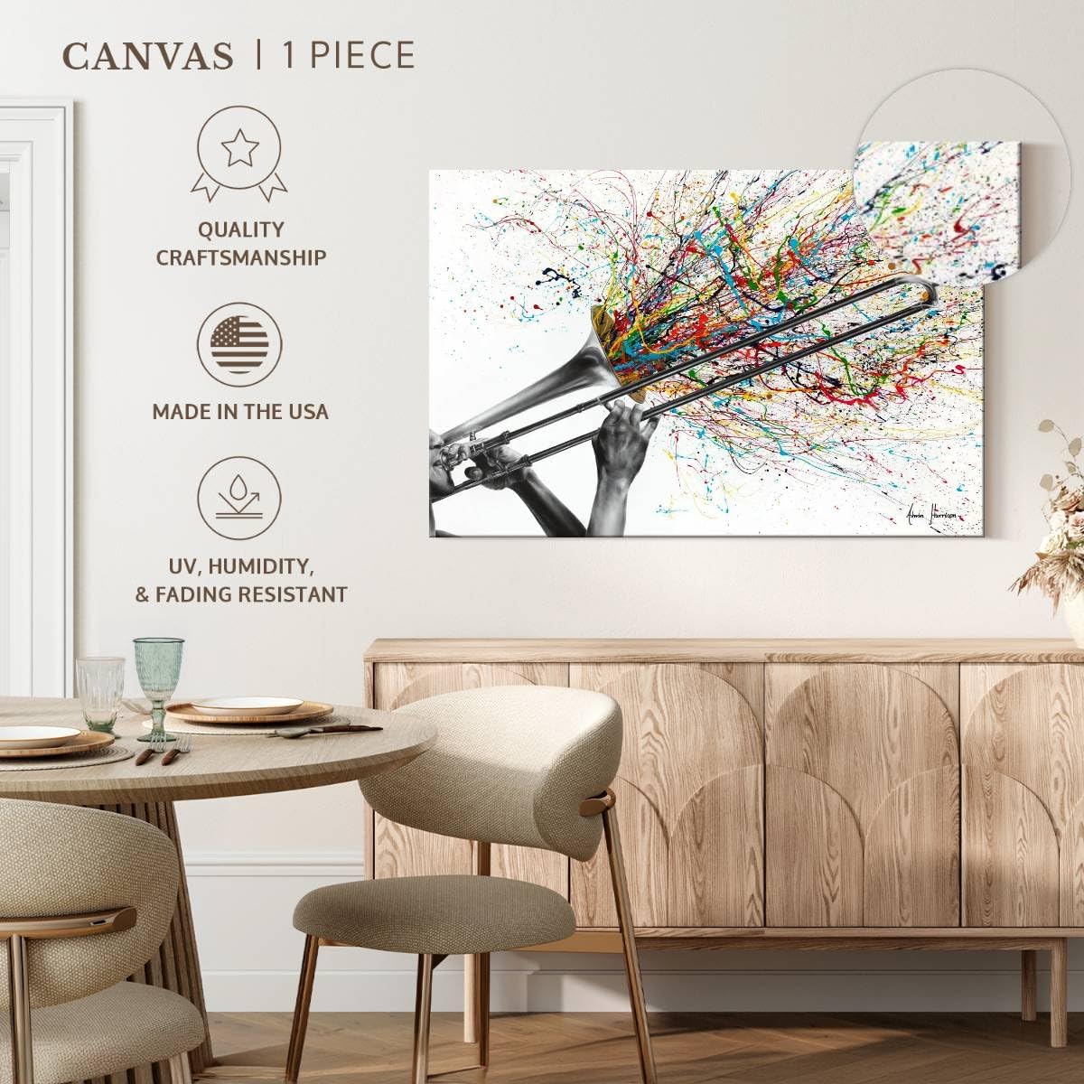 ElephantStock Trombone Solo Wall Art - Horizontal Wrapped Canvas - 1-Piece Living Room Wall Decor - Painting Music Canvas Print - White and Gray Decor for Wall by Ashvin Harrison - 36
