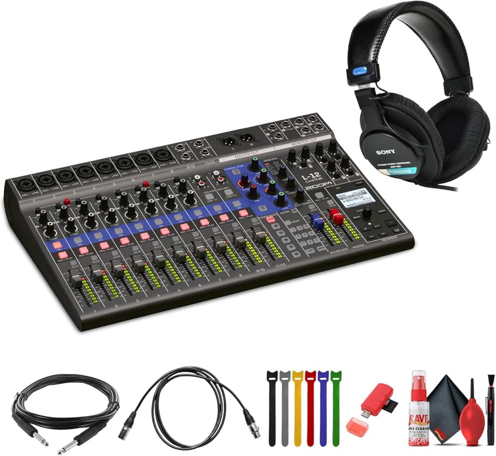 Zoom LiveTrak L-12-12-Channel Digital Mixer & Multitrack Recorder Bundle With MDR-7506 Professional Stereo Headphones + Extreme Pro 64GB microSDXC Memory Card + Balanced Interconnect + More