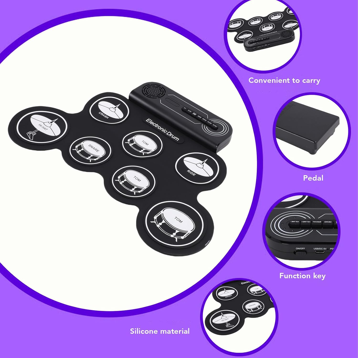 Jiawu Electric Drum Set, 7 Pads Electronic Drum Set Built in Speaker, Portable Roll Up Drums Practice Pad Machine with Pedals and Sticks, Rechargeable Instrument for Beginner & Kids