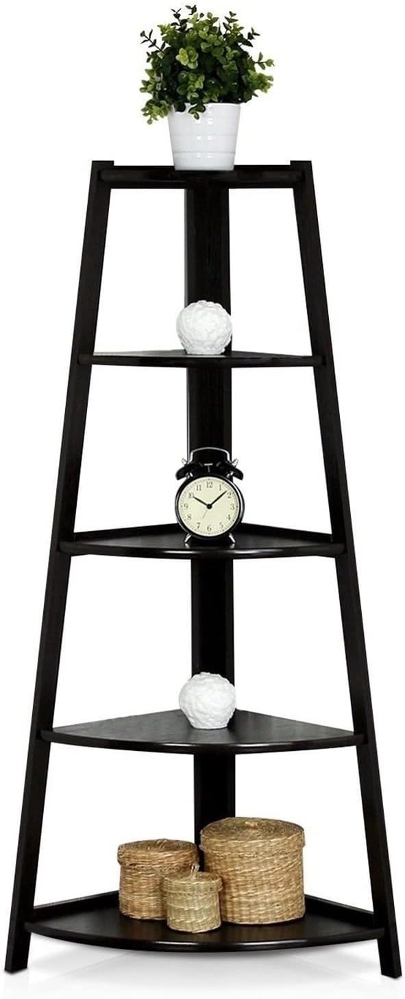 DOLUNTO 5-Shelf Storage Rack Shelf Modern Open Wall Mount Bookshelf with Plant Flower Display Storage Rack Scalloped Corner Stand Black