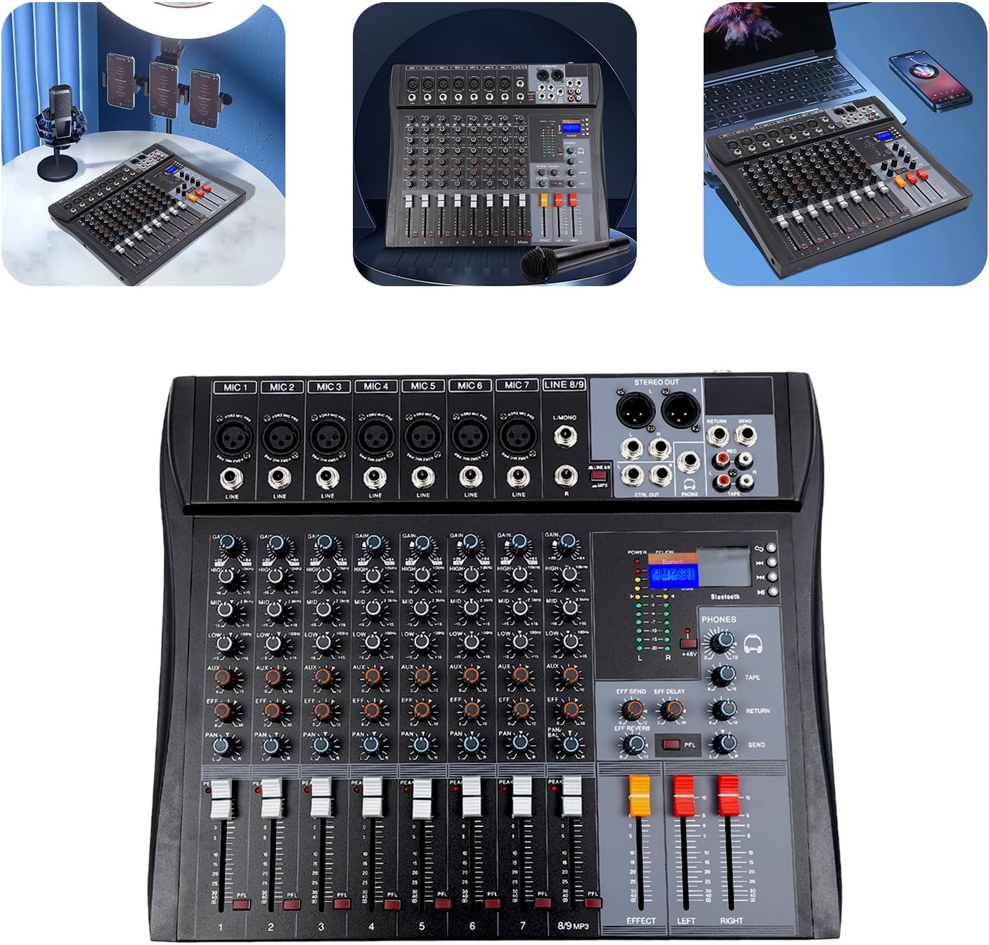 Professional Audio Mixer, 8-Channel Bluetooth Studio Audio Mixer DJ Sound Controller Interface with Bluetooth USB, Recording Studio Equipment Sound Mixing Console for Karaoke Wedding Party