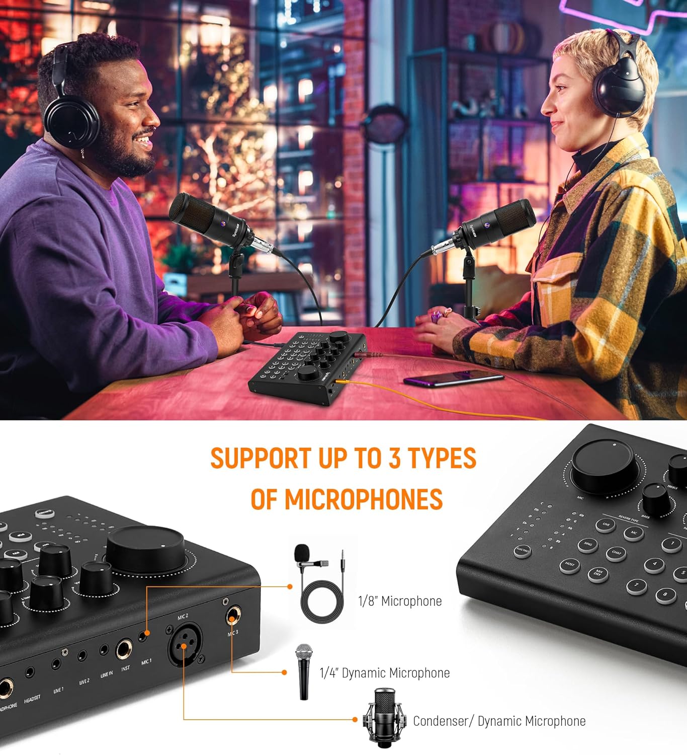 Podcast Equipment Sound Card, Audio Interface Mixer with Pro-preamp and USB C MIDI Keyboard Controller 25 Keys with 8 Backlit Drum Pads