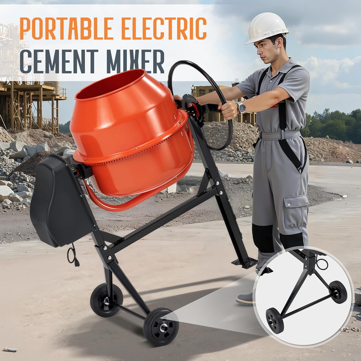 SPECRAFT 4.9 Cu.Ft. Electric Cement Mixer, 550W Portable Concrete Mixing Machine with 140L Drum, 110V Motor, 30RPM Rotation for Mortar, Stucco, and Feed